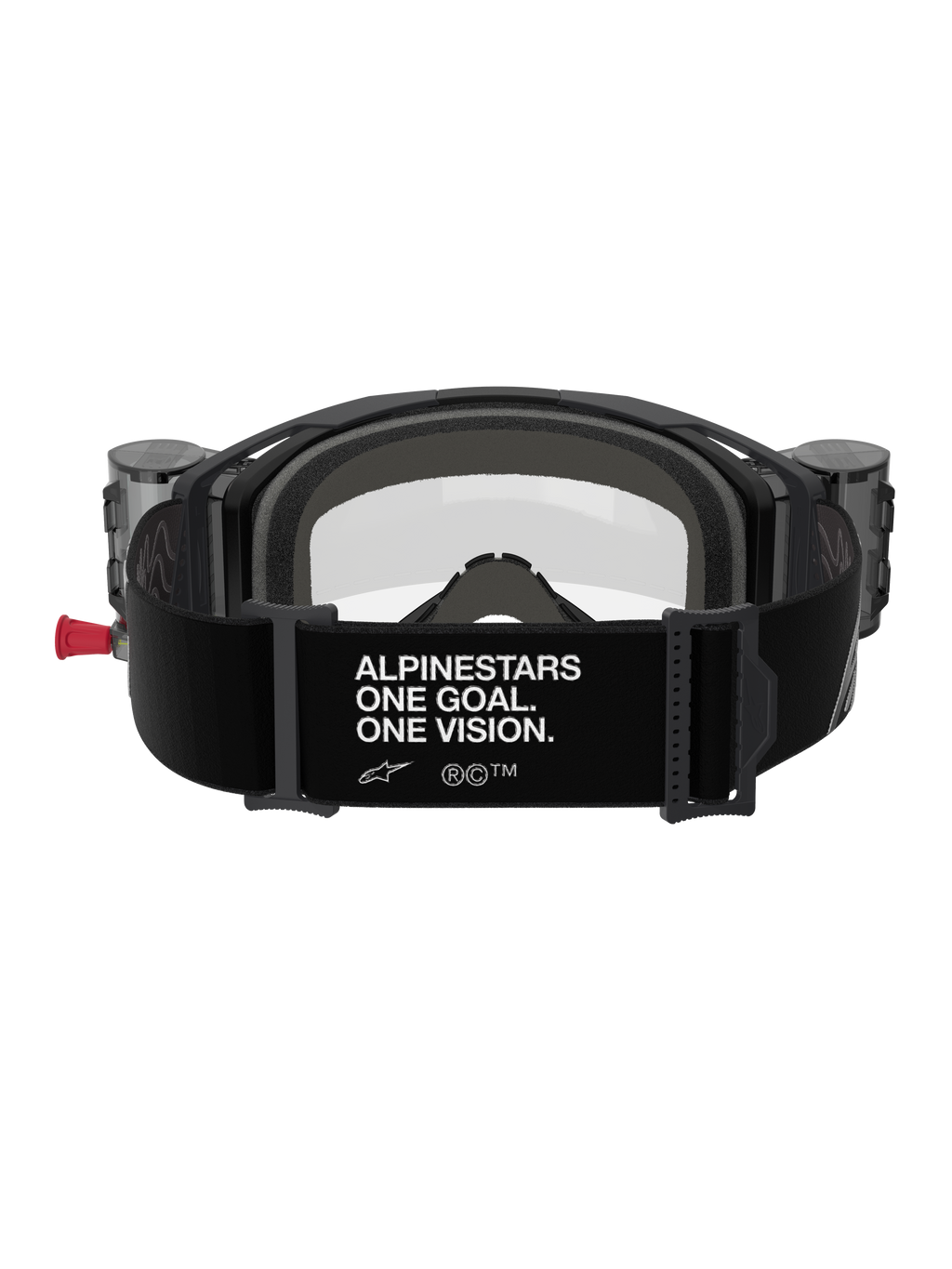 Lunettes Alpinestars Vision 8 Corp Roll-Off, vue arrière, sangle noire arborant le slogan blanc « ALPINESTARS ONE GOAL. ONE VISION. », boîtiers roll-off intégrés, écran clair et rembourrage en mousse pour la pratique du motocross