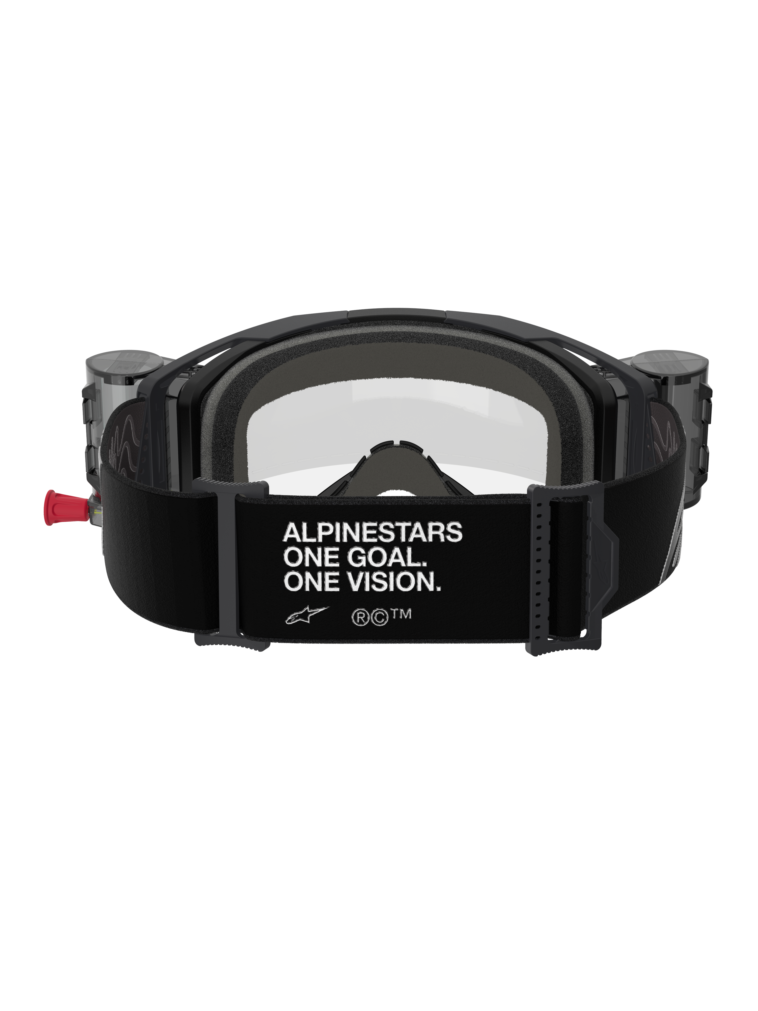 Lunettes Alpinestars Vision 8 Corp Roll-Off, vue arrière, sangle noire arborant le slogan blanc « ALPINESTARS ONE GOAL. ONE VISION. », boîtiers roll-off intégrés, écran clair et rembourrage en mousse pour la pratique du motocross