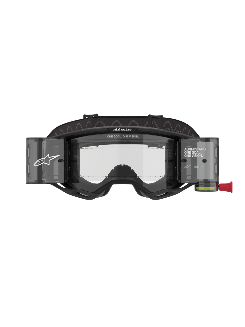 Masque Alpinestars Vision 8 Corp Roll-Off, masque de motocross, monture noire avec écran clair, doté d'un système roll-off intégré avec boîtiers translucides et large bandeau noir avec logo, protection oculaire de course professionnelle