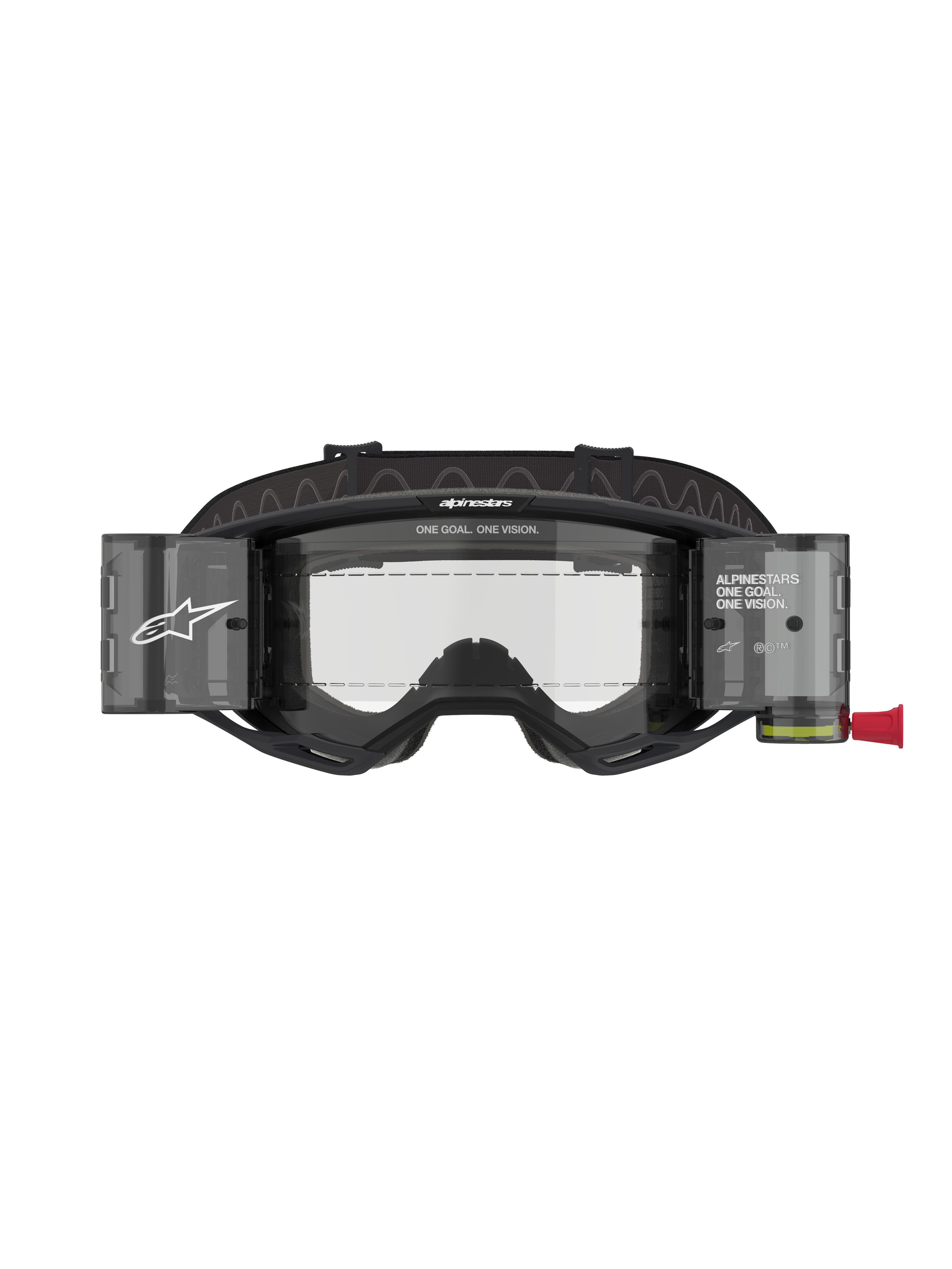 Masque Alpinestars Vision 8 Corp Roll-Off, masque de motocross, monture noire avec écran clair, doté d'un système roll-off intégré avec boîtiers translucides et large bandeau noir avec logo, protection oculaire de course professionnelle