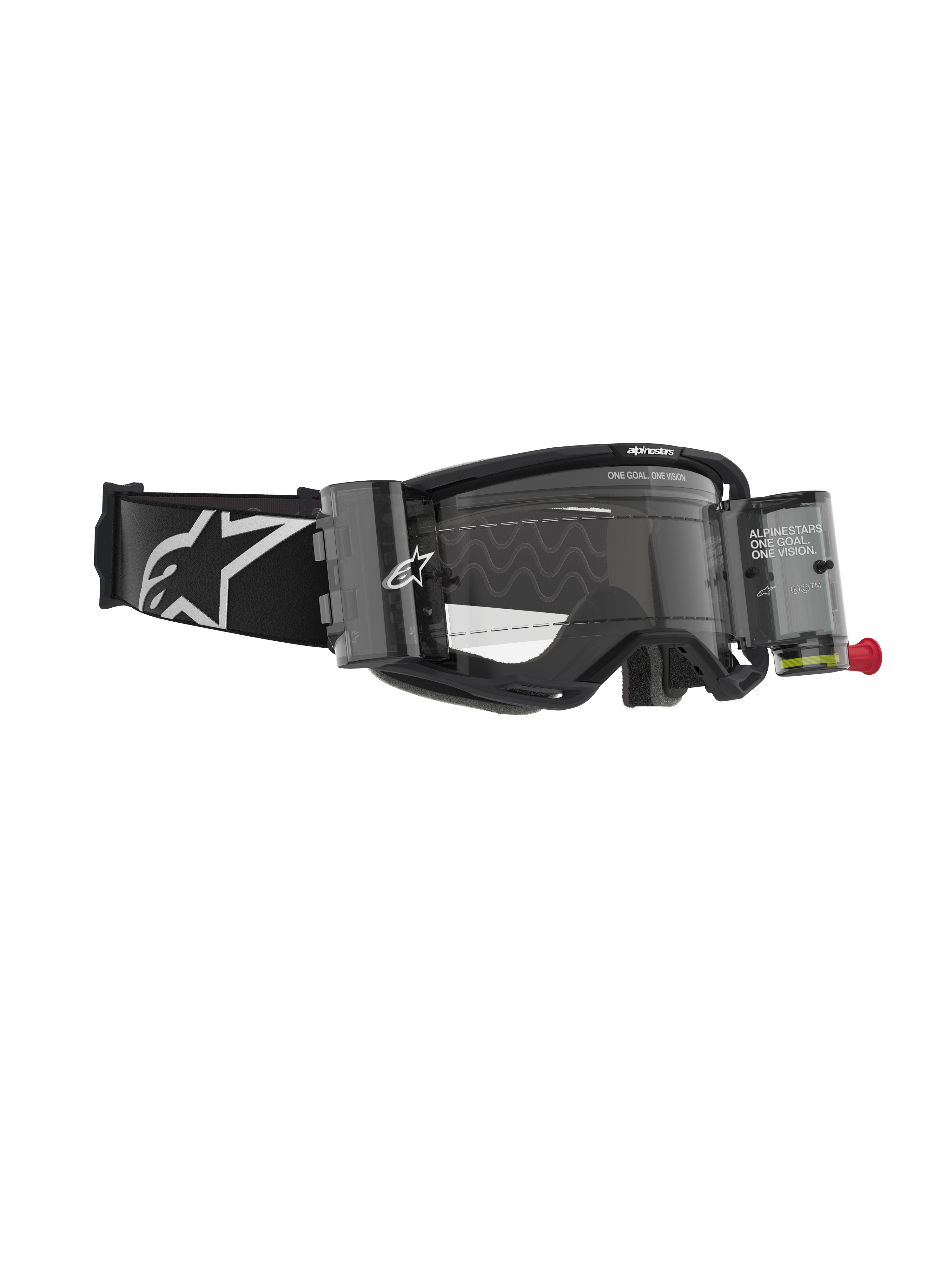 Masque Alpinestars Vision 8 Corp, lunettes de motocross avec système Roll-Off, noir et transparent, doté de boîtiers de film transparents, d'un écran clair et d'un large bandeau noir avec un grand logo Alpinestars blanc