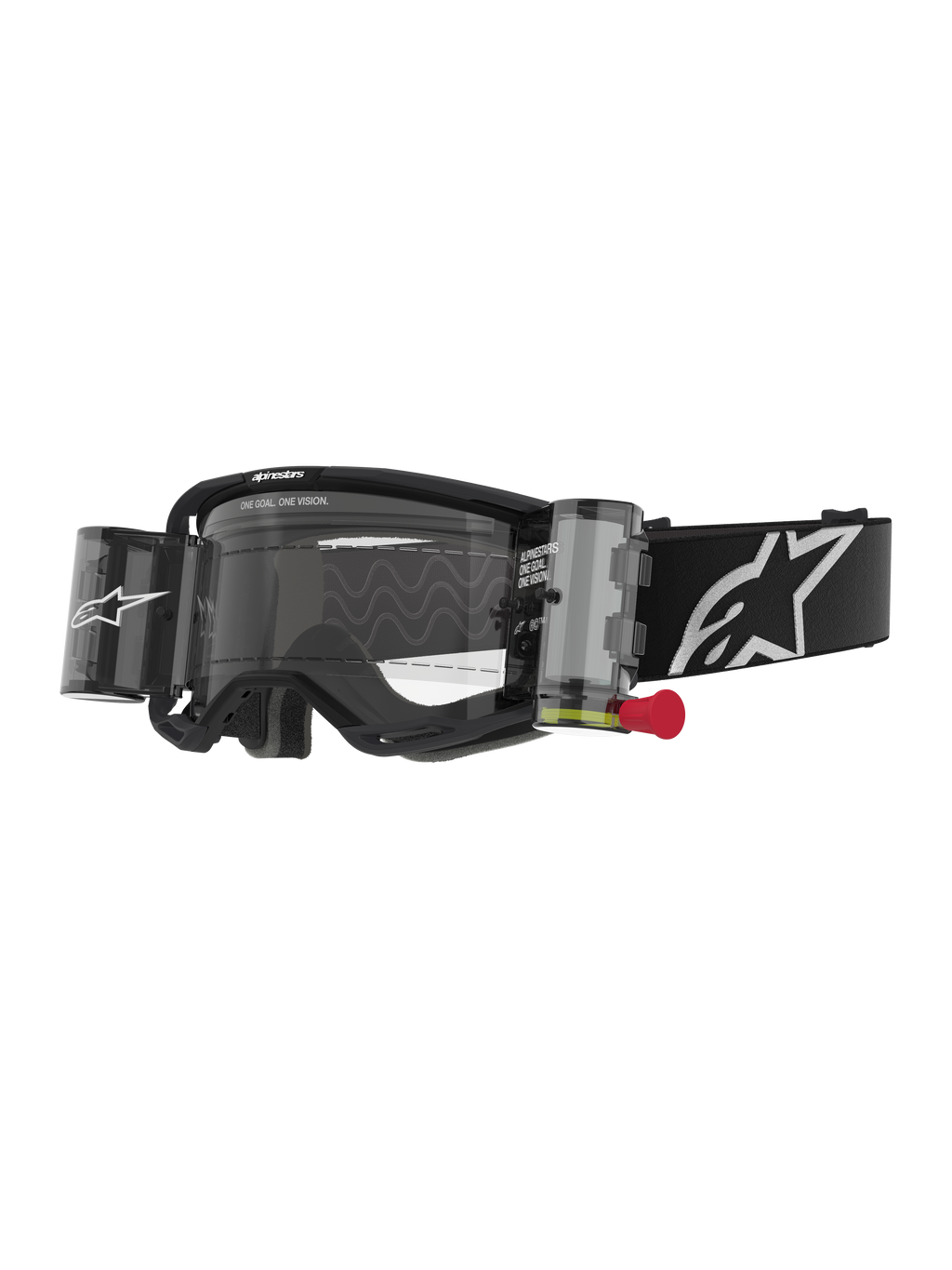 Alpinestars Vision 8 Corp Goggles Roll Off, lunettes de motocross, noir et transparent, système roll-off intégré avec languette rouge, sangle noire avec logo blanc, motif de lentille ondulé avec texte « ONE GOAL. ONE VISION. », protection oculaire haute performance pour la course tout-terrain