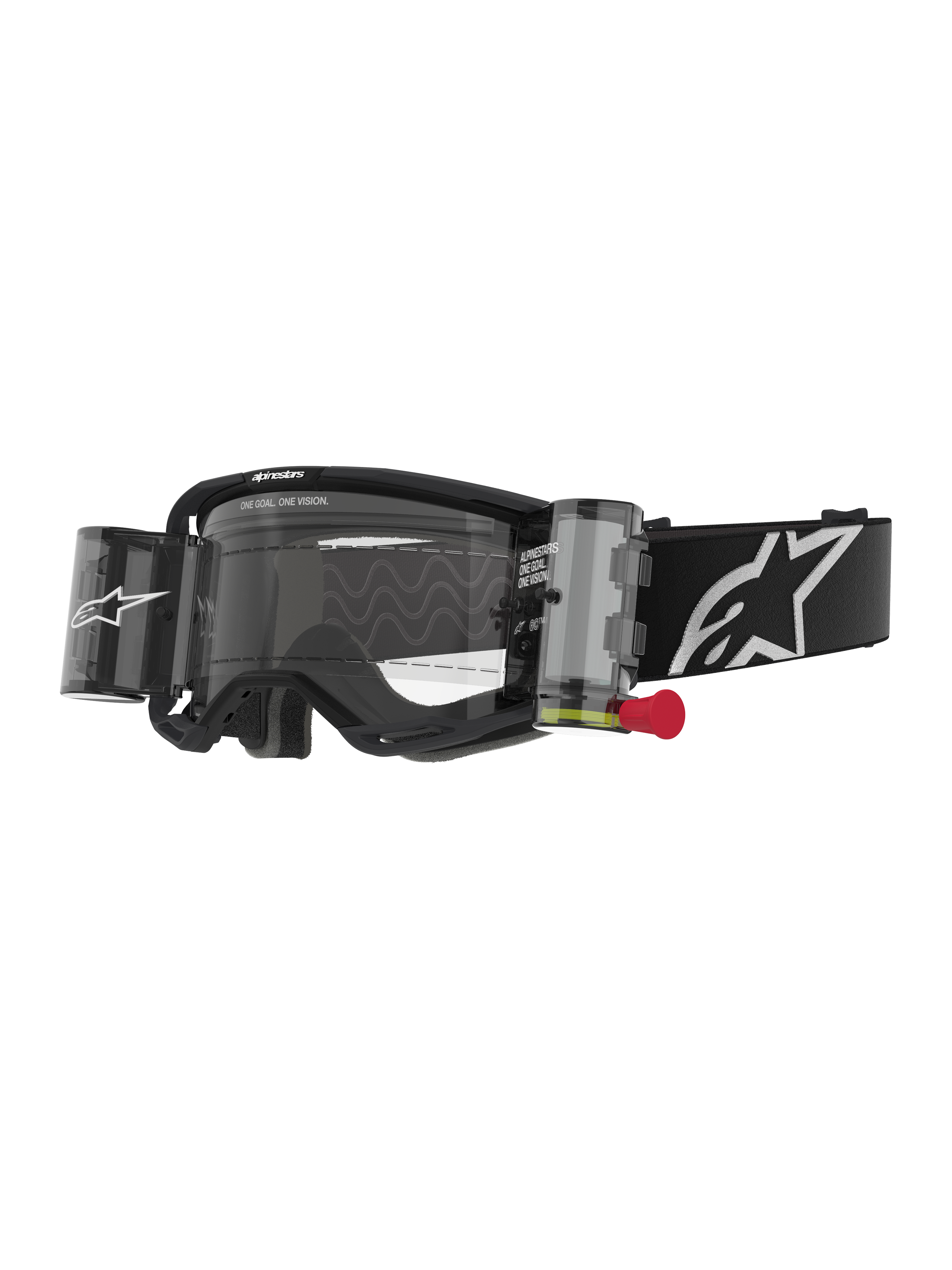Alpinestars Vision 8 Corp Goggles Roll Off, lunettes de motocross, noir et transparent, système roll-off intégré avec languette rouge, sangle noire avec logo blanc, motif de lentille ondulé avec texte « ONE GOAL. ONE VISION. », protection oculaire haute performance pour la course tout-terrain