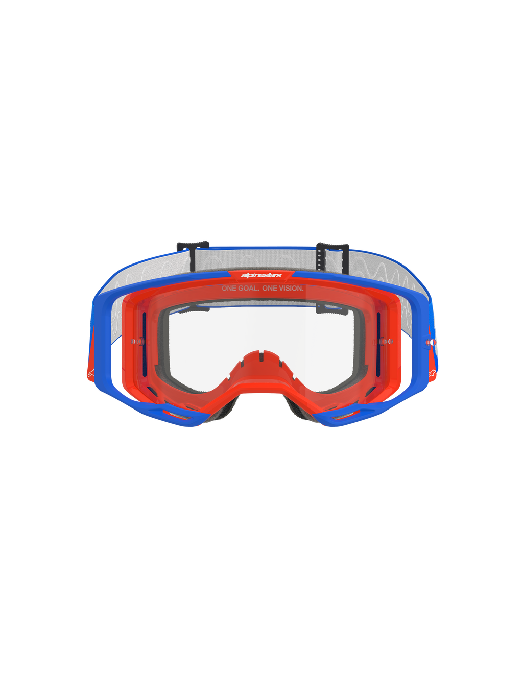 Masque Alpinestars Vision 8 Wordmark, masque de motocross, bleu et orange avec écran clair, vue de face, doté d'une monture flexible bicolore, conception d'écran à large vision périphérique et marquage « One Goal. One Vision. » sur la partie supérieure du cadre intérieur.