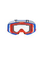 Masque Alpinestars Vision 8 Wordmark, masque de motocross, bleu et orange avec écran clair, vue de face, doté d'une monture flexible bicolore, conception d'écran à large vision périphérique et marquage « One Goal. One Vision. » sur la partie supérieure du cadre intérieur.