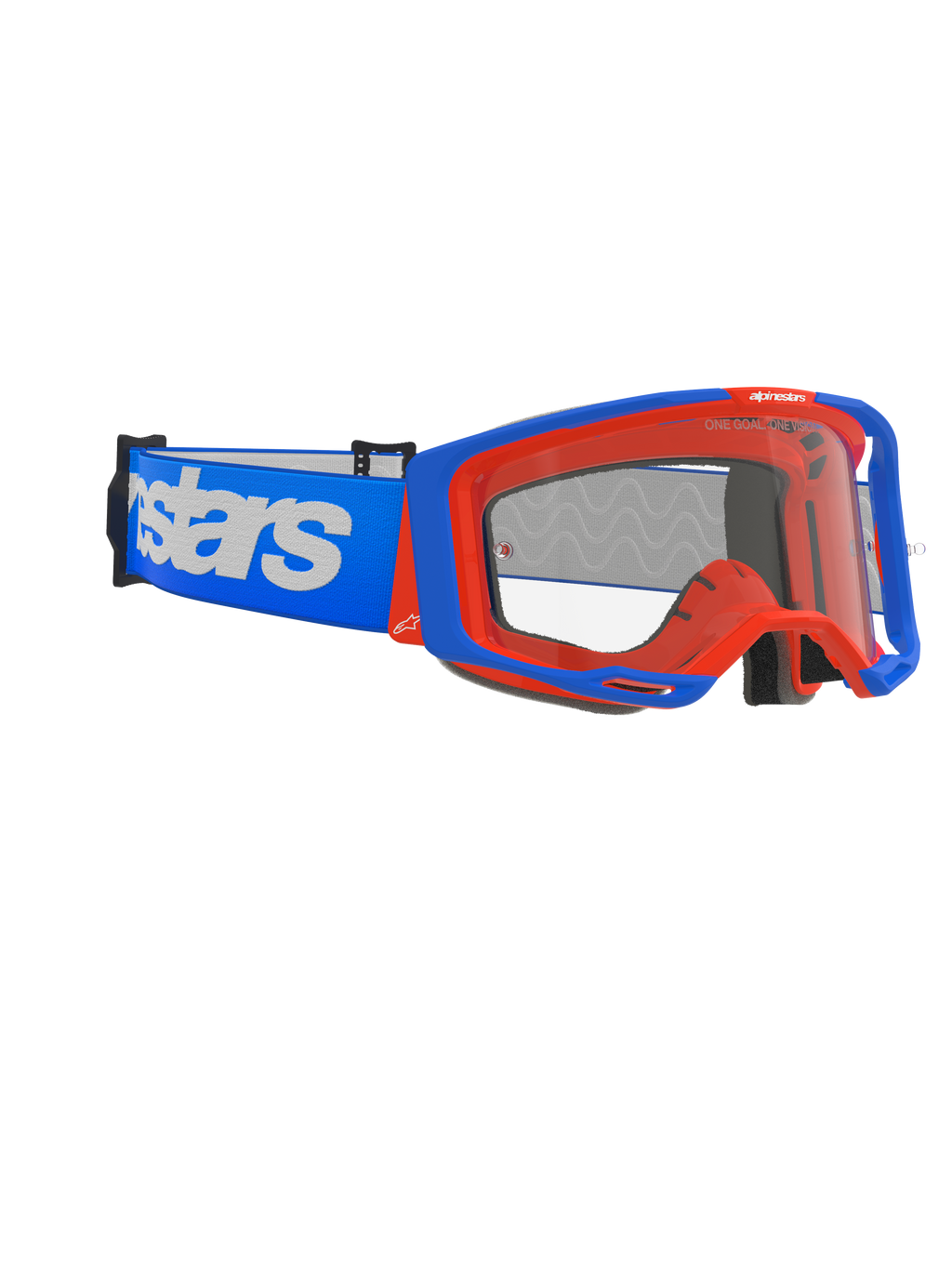 Masque Alpinestars Vision 8 Wordmark, masque de motocross, bleu et orange, écran clair anti-buée, large bandeau bleu avec logo Alpinestars blanc, monture angulaire avec système de stabilisateurs, lunettes de course tout-terrain haute performance