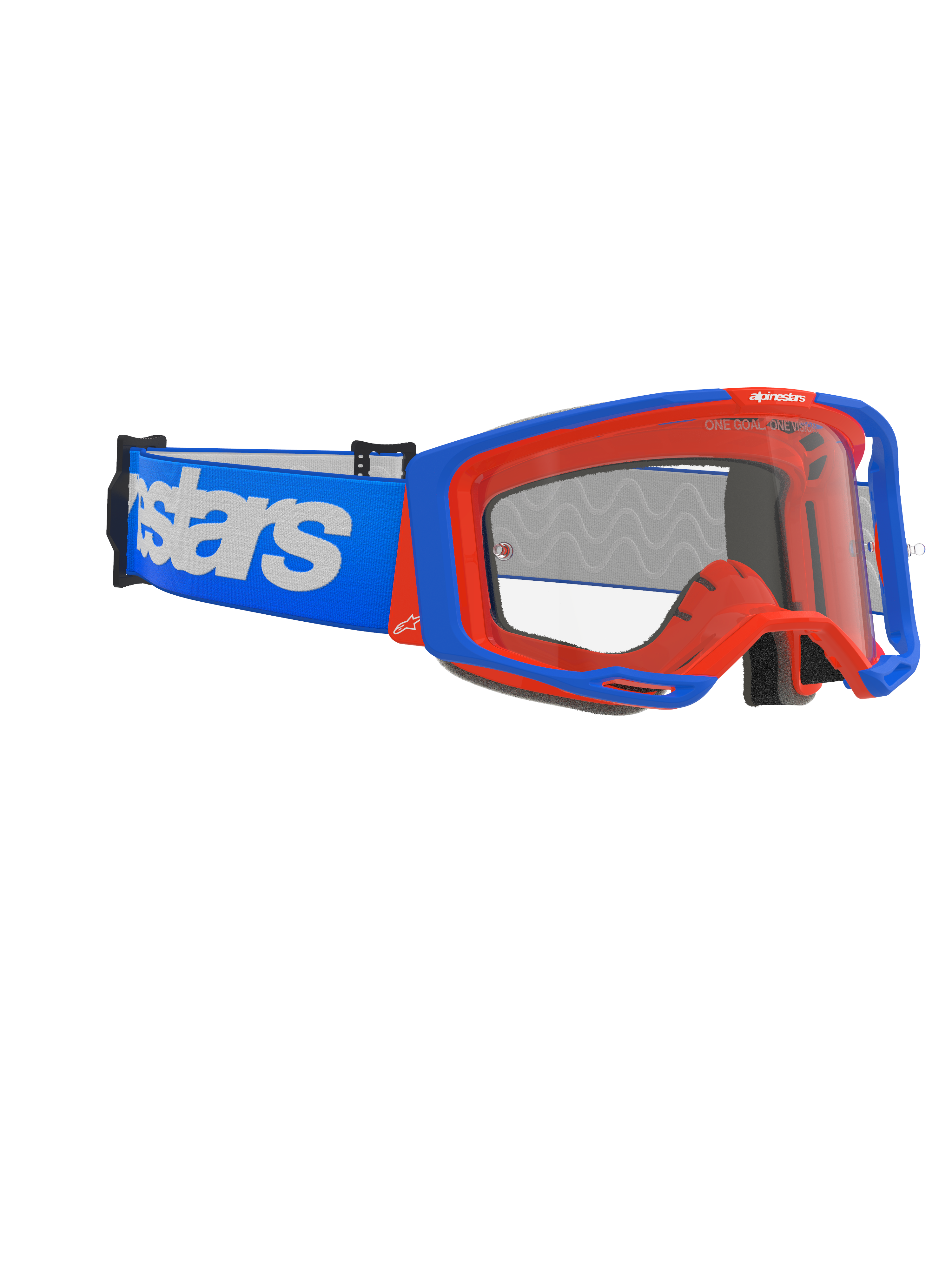 Masque Alpinestars Vision 8 Wordmark, masque de motocross, bleu et orange, écran clair anti-buée, large bandeau bleu avec logo Alpinestars blanc, monture angulaire avec système de stabilisateurs, lunettes de course tout-terrain haute performance