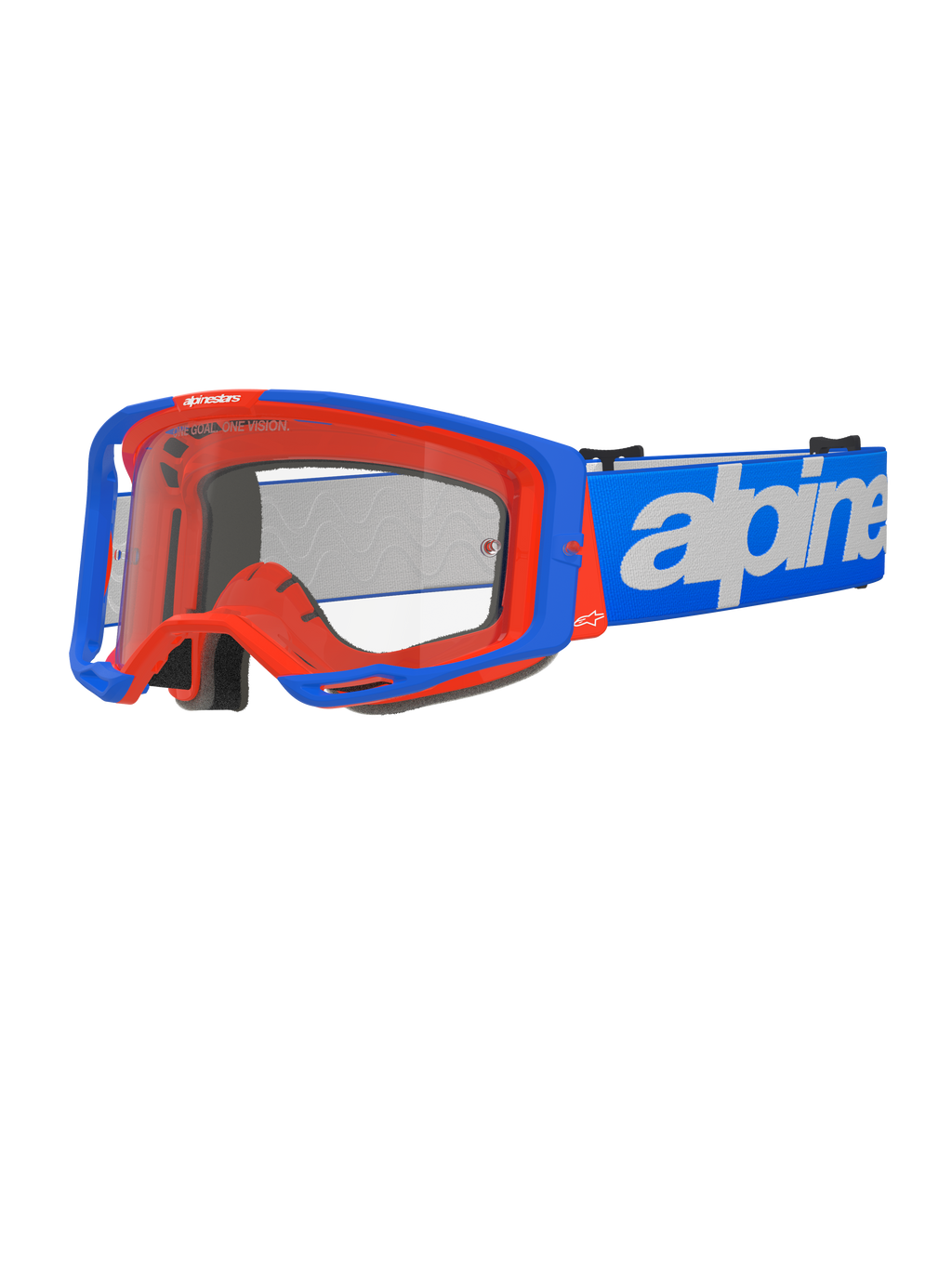 Alpinestars Vision 8 Wordmark, lunettes de motocross, bleu et orange, écran transparent, large sangle bleue avec lettrage Alpinestars blanc, rembourrage en mousse noire, design athlétique avec ports de ventilation visibles pour la performance tout-terrain