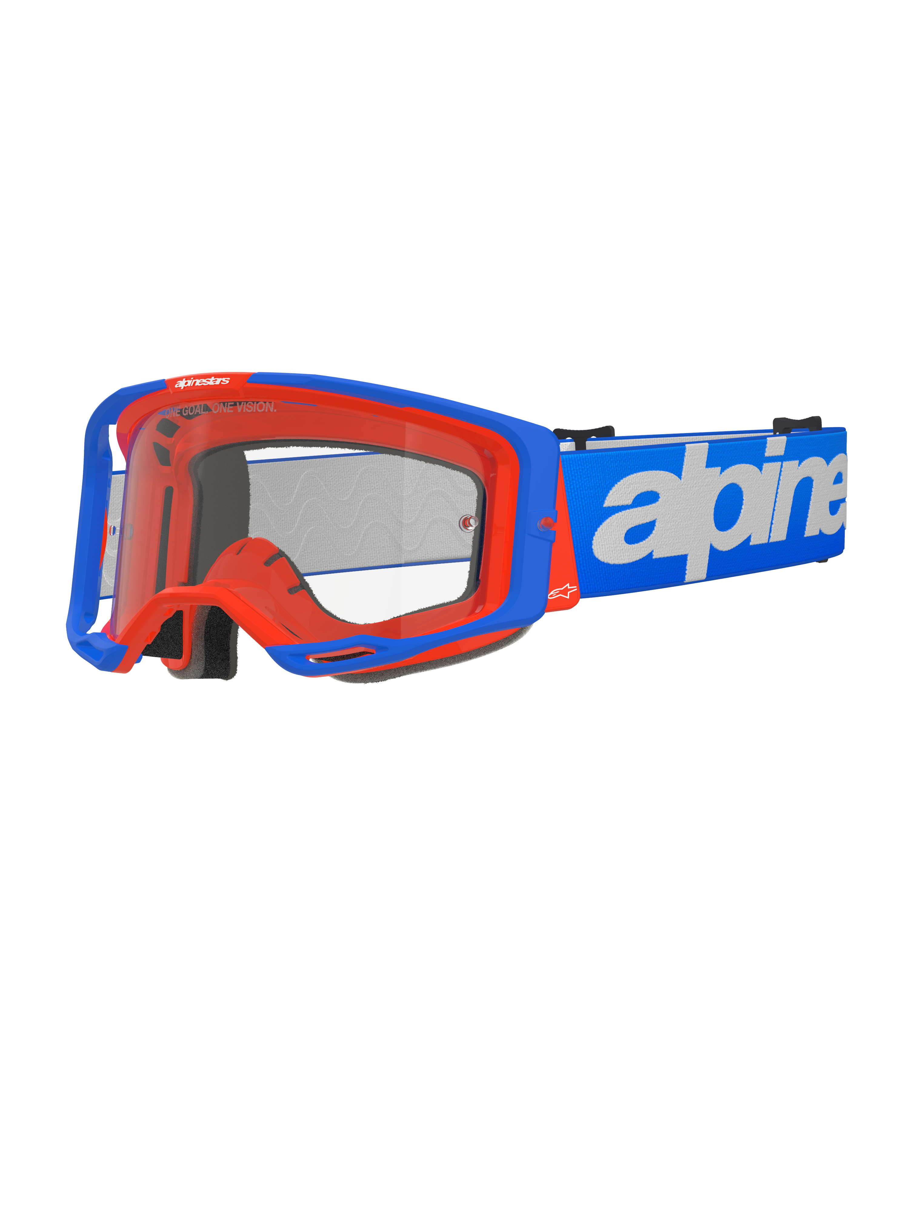 Alpinestars Vision 8 Wordmark, lunettes de motocross, bleu et orange, écran transparent, large sangle bleue avec lettrage Alpinestars blanc, rembourrage en mousse noire, design athlétique avec ports de ventilation visibles pour la performance tout-terrain