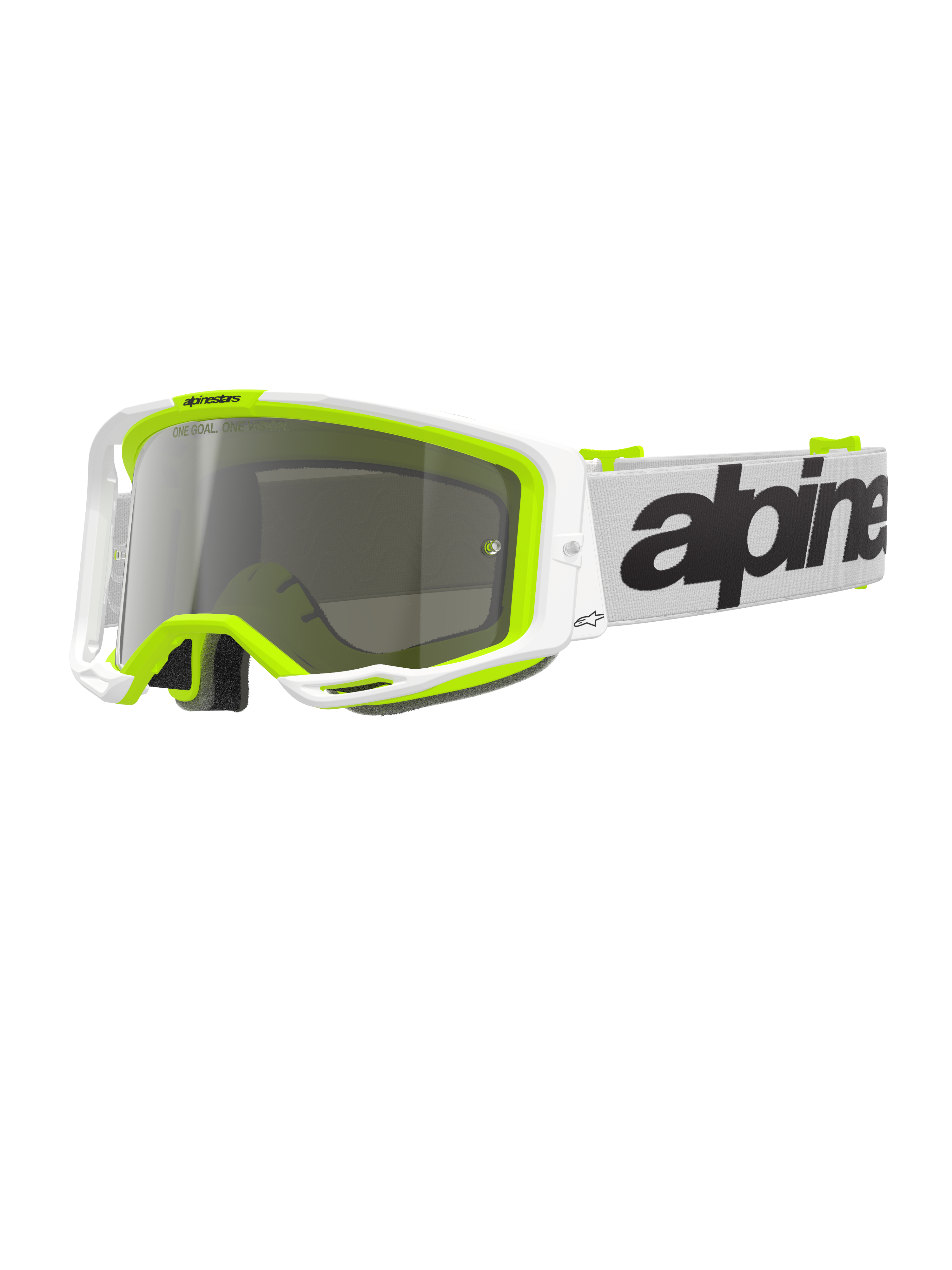 Alpinestars Vision 8 Wordmark Goggles, Motocross Goggles, White and Fluorescent Yellow frame with a Silver Mirror lens, featuring a white strap with bold black branding and A-FLEX frame for off-road racing performance.