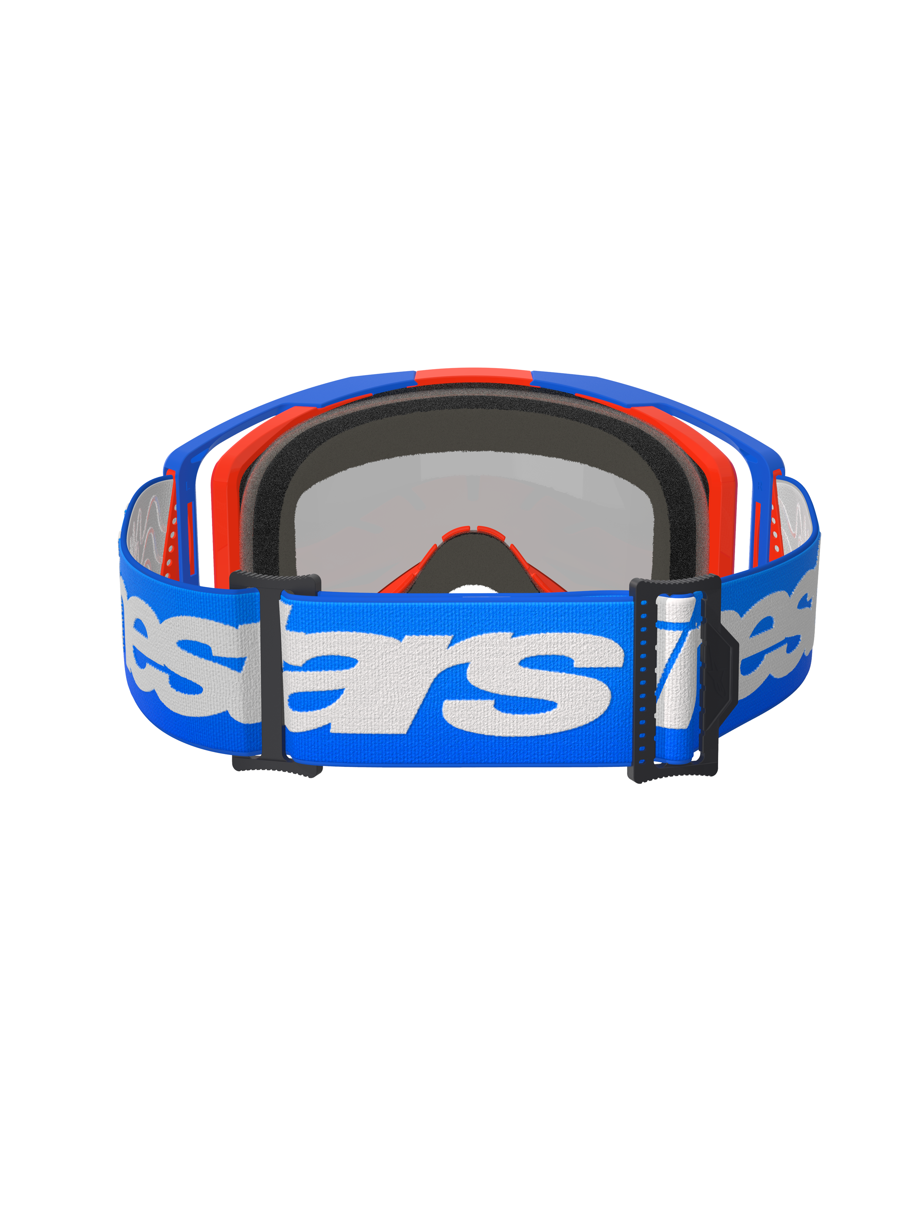Alpinestars Vision 8 Wordmark Goggles, Motocross Goggles, Blue Orange Mirror Red, rear view featuring a blue woven strap with white Alpinestars wordmark, internal 3D molded face foam, and black adjustment buckles