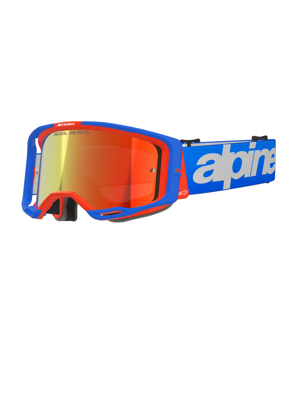 Alpinestars Vision 8 Wordmark Goggles, Motocross Goggles, Blue and Orange with Red Mirror Lens, wide field of view, blue adjustable strap with bold white wordmark, foam padding and ventilation for off-road riding