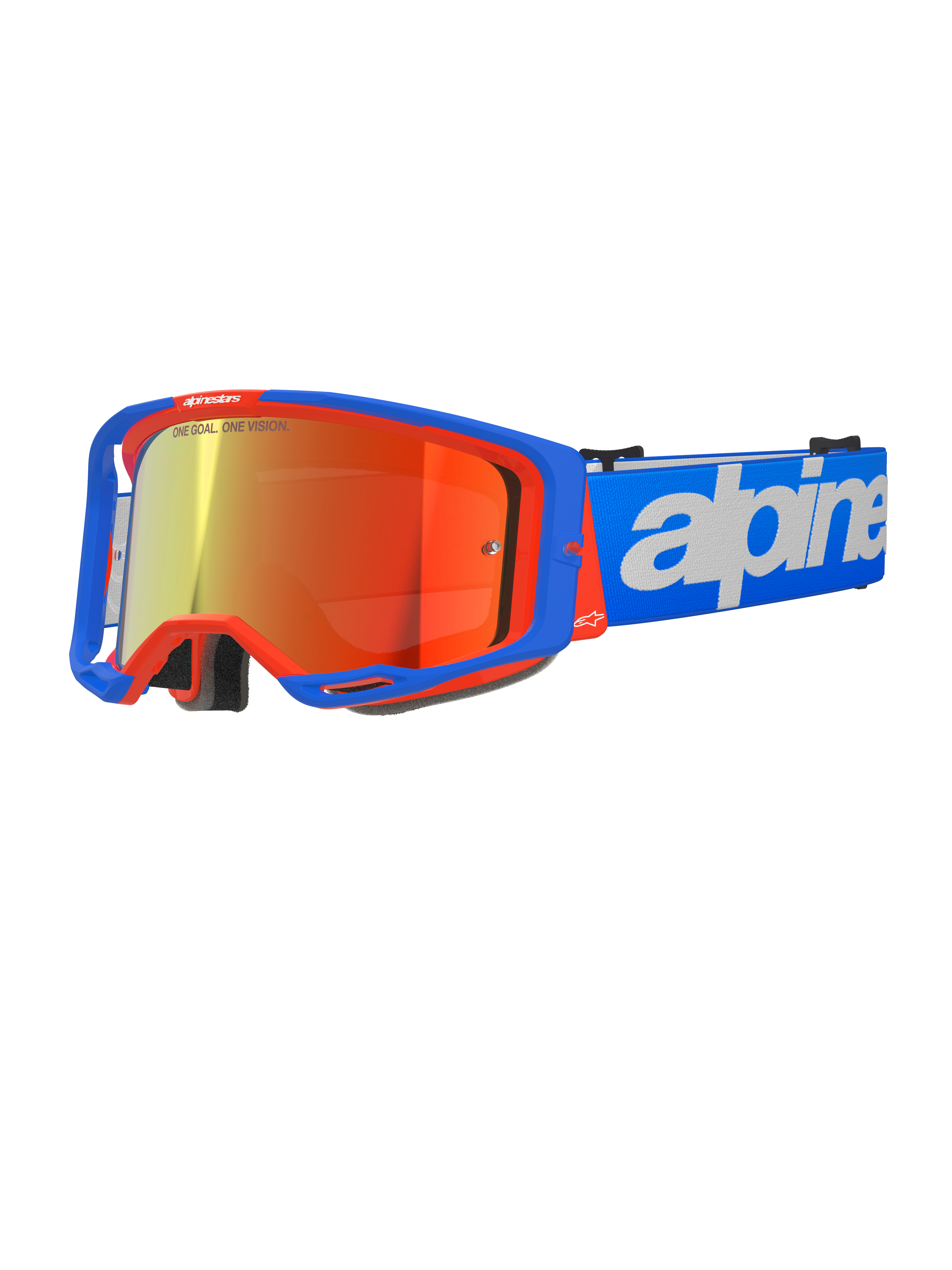 Masque Alpinestars Vision 8 Wordmark, masque de motocross, bleu et orange avec écran rouge réfléchissant, large champ de vision, sangle réglable bleue avec logo blanc, rembourrage en mousse et ventilation pour le pilotage tout-terrain