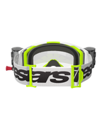 Alpinestars Vision 8 Wordmark Goggles Roll Off, masque de motocross, blanc et jaune fluorescent, vue arrière montrant la sangle blanche avec logo noir, boucles jaune fluo, mousse faciale moulée en 3D noire et boîtiers du système roll-off intégrés