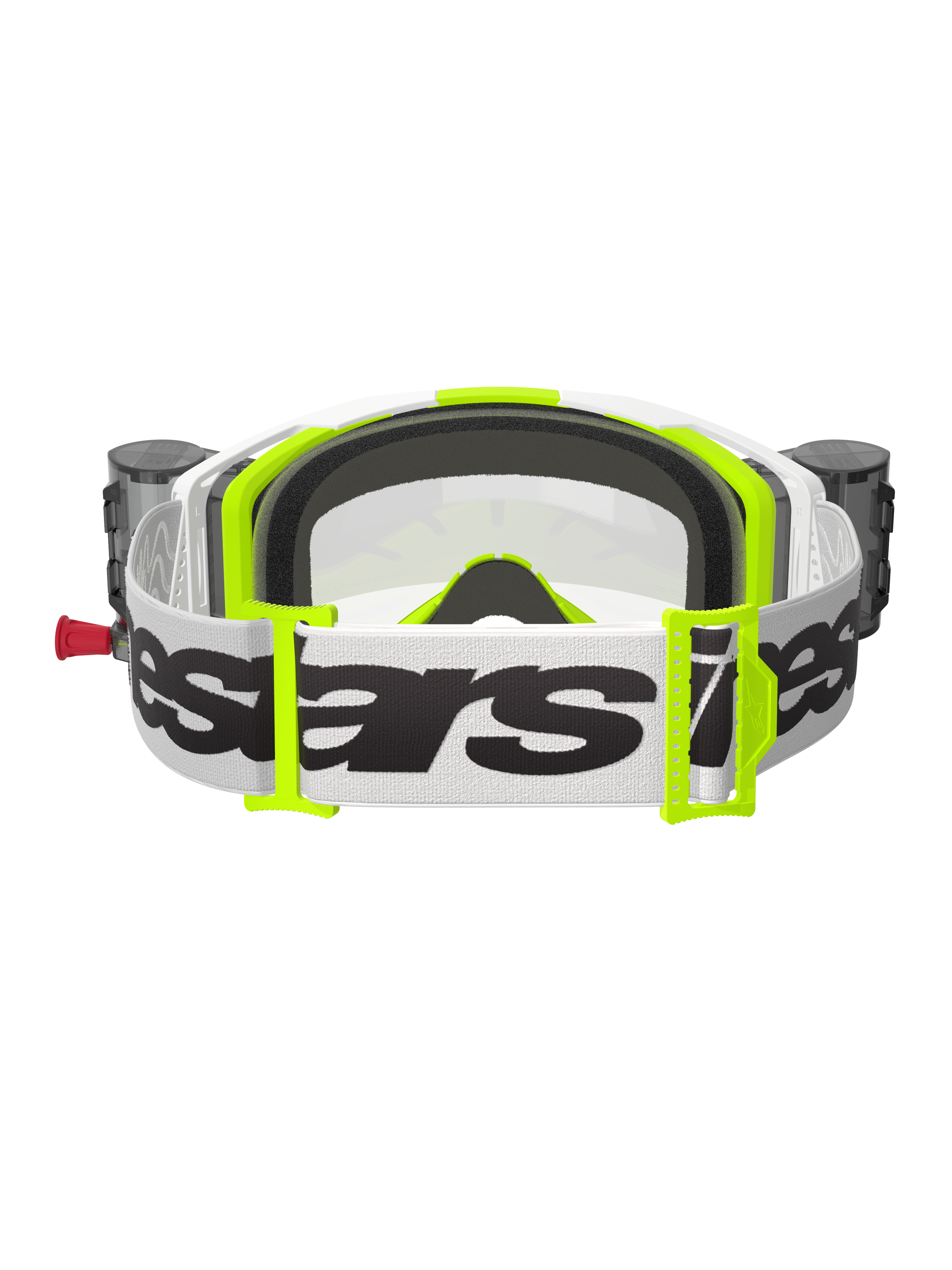 Alpinestars Vision 8 Wordmark Goggles Roll Off, masque de motocross, blanc et jaune fluorescent, vue arrière montrant la sangle blanche avec logo noir, boucles jaune fluo, mousse faciale moulée en 3D noire et boîtiers du système roll-off intégrés