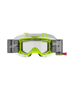 Masque Alpinestars Vision 8 Wordmark Roll Off, monture blanche et jaune fluorescent, écran clair avec boîtiers de système roll-off intégrés, bandeau tissé blanc, avec marquage « ONE GOAL. ONE VISION. », protection oculaire professionnelle pour le motocross