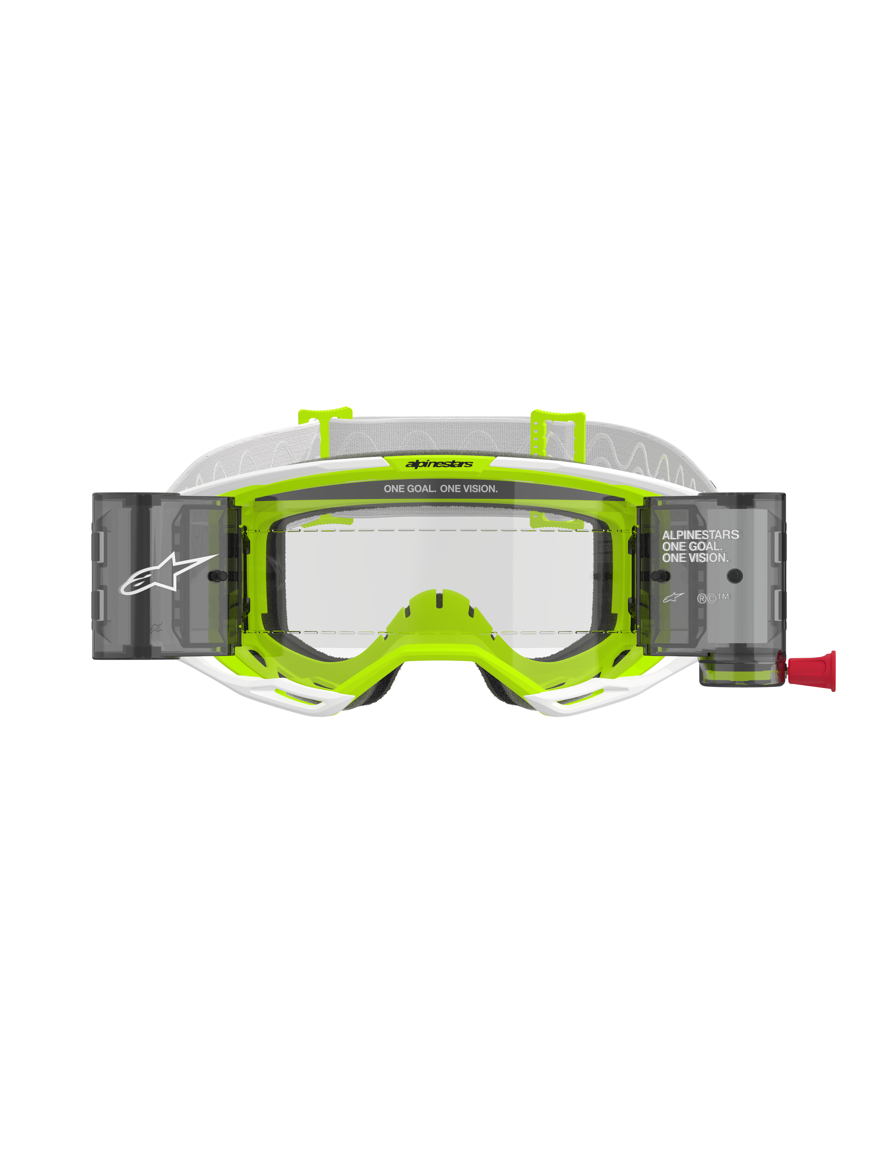 Masque Alpinestars Vision 8 Wordmark Roll Off, monture blanche et jaune fluorescent, écran clair avec boîtiers de système roll-off intégrés, bandeau tissé blanc, avec marquage « ONE GOAL. ONE VISION. », protection oculaire professionnelle pour le motocross