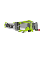 Alpinestars Vision 8 Wordmark Goggles Roll Off, masque de motocross, monture blanche et jaune fluo, écran clair avec boîtiers roll-off intégrés, sangle tissée blanche avec marquage noir imposant, équipement de protection oculaire haute performance pour le tout-terrain.