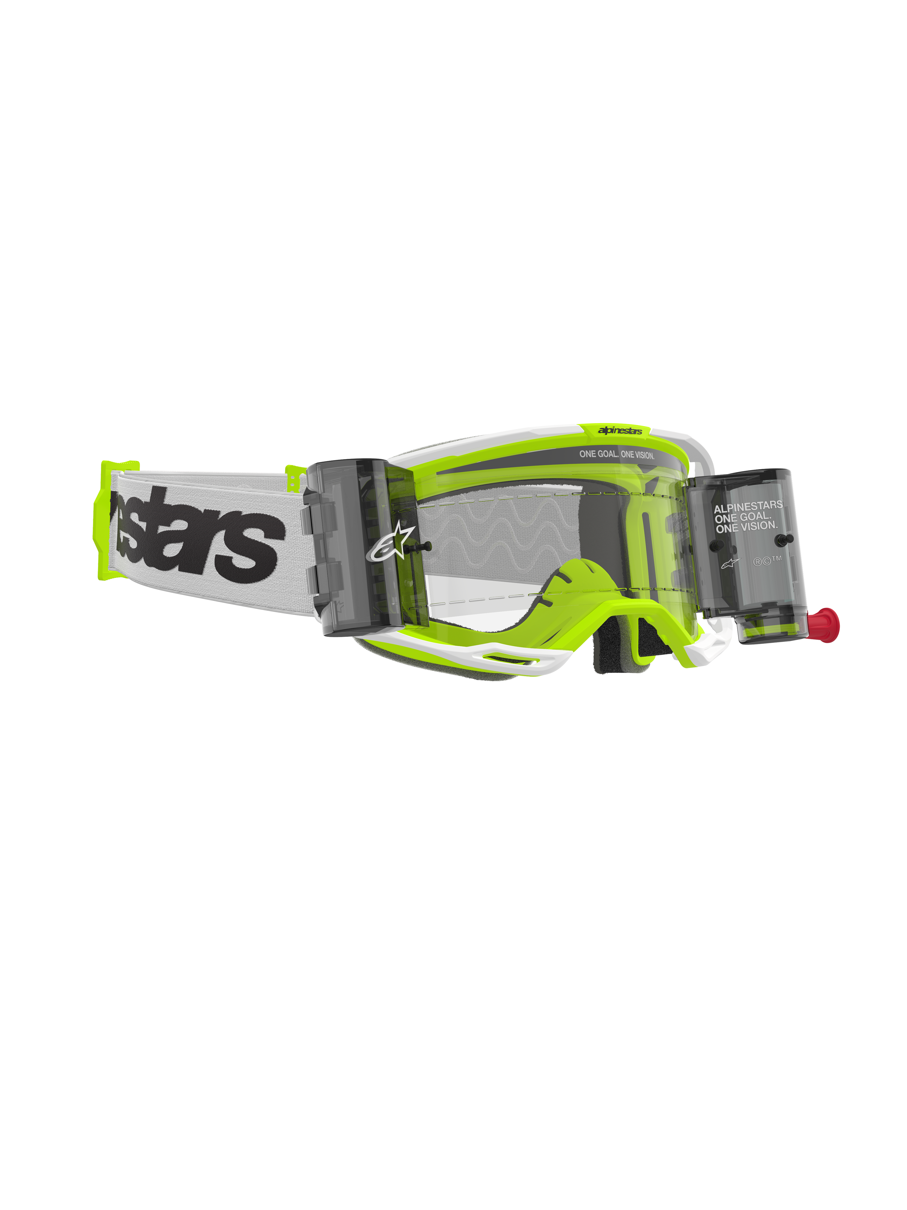 Alpinestars Vision 8 Wordmark Goggles Roll Off, masque de motocross, monture blanche et jaune fluo, écran clair avec boîtiers roll-off intégrés, sangle tissée blanche avec marquage noir imposant, équipement de protection oculaire haute performance pour le tout-terrain.