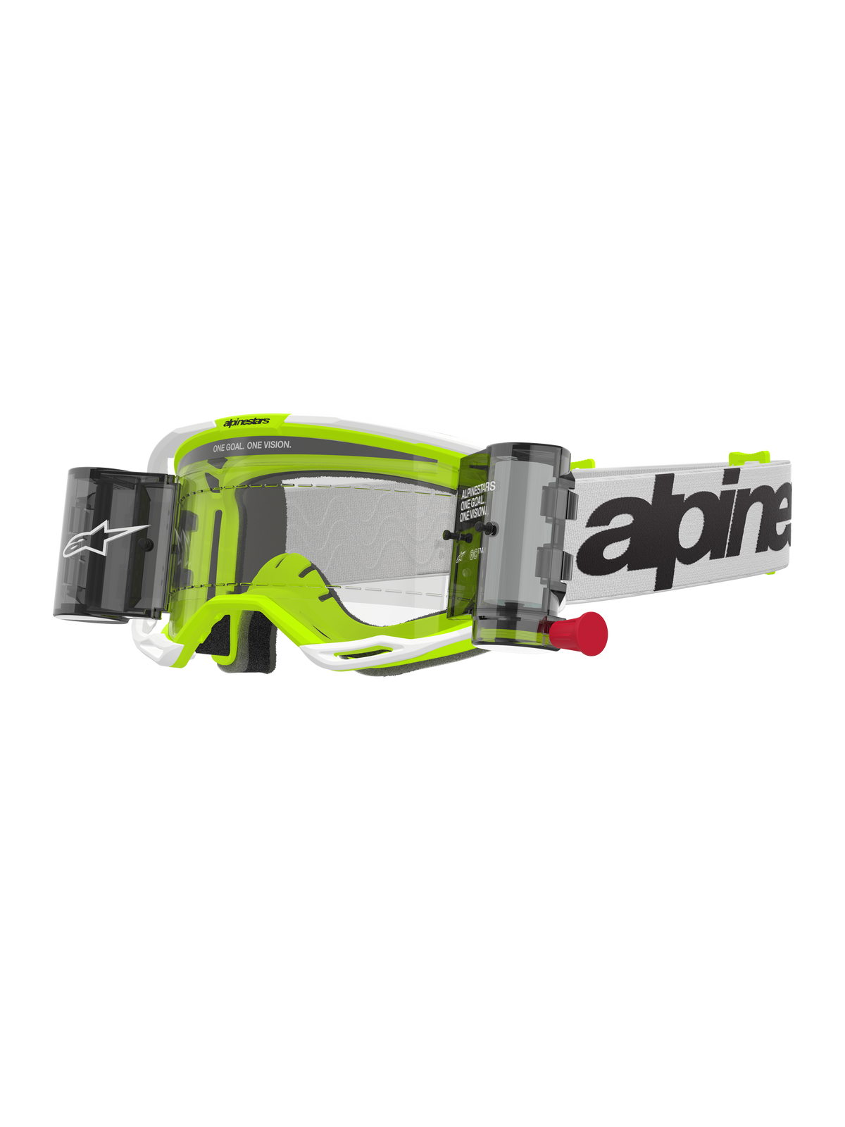 Alpinestars Vision 8 Wordmark Goggles Roll Off, lunettes de motocross, blanc et jaune fluo, écran clair avec système roll-off, sangle blanche avec logo Alpinestars noir, tirette rouge, protection oculaire professionnelle pour le tout-terrain