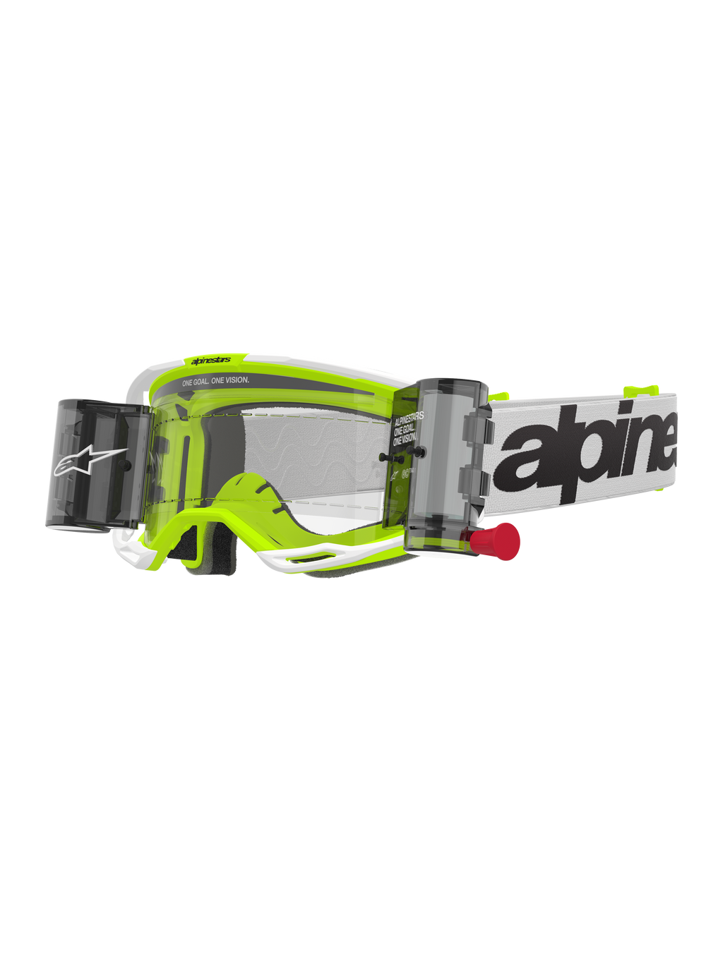 Alpinestars Vision 8 Wordmark Goggles Roll Off, lunettes de motocross, blanc et jaune fluo, écran clair avec système roll-off, sangle blanche avec logo Alpinestars noir, tirette rouge, protection oculaire professionnelle pour le tout-terrain