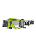Alpinestars Vision 8 Wordmark Goggles Roll Off, lunettes de motocross, blanc et jaune fluo, écran clair avec système roll-off, sangle blanche avec logo Alpinestars noir, tirette rouge, protection oculaire professionnelle pour le tout-terrain