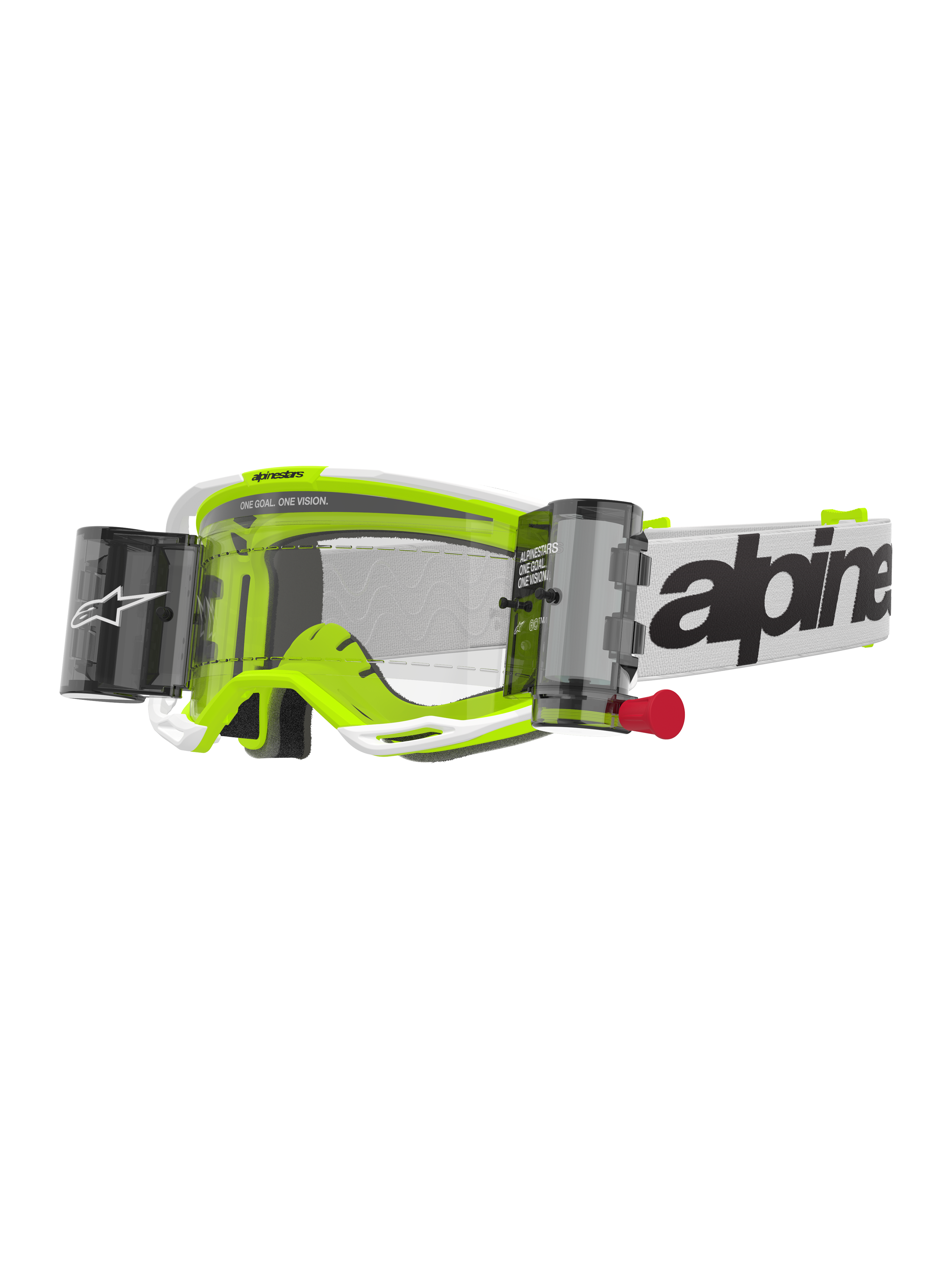 Alpinestars Vision 8 Wordmark Goggles Roll Off, lunettes de motocross, blanc et jaune fluo, écran clair avec système roll-off, sangle blanche avec logo Alpinestars noir, tirette rouge, protection oculaire professionnelle pour le tout-terrain