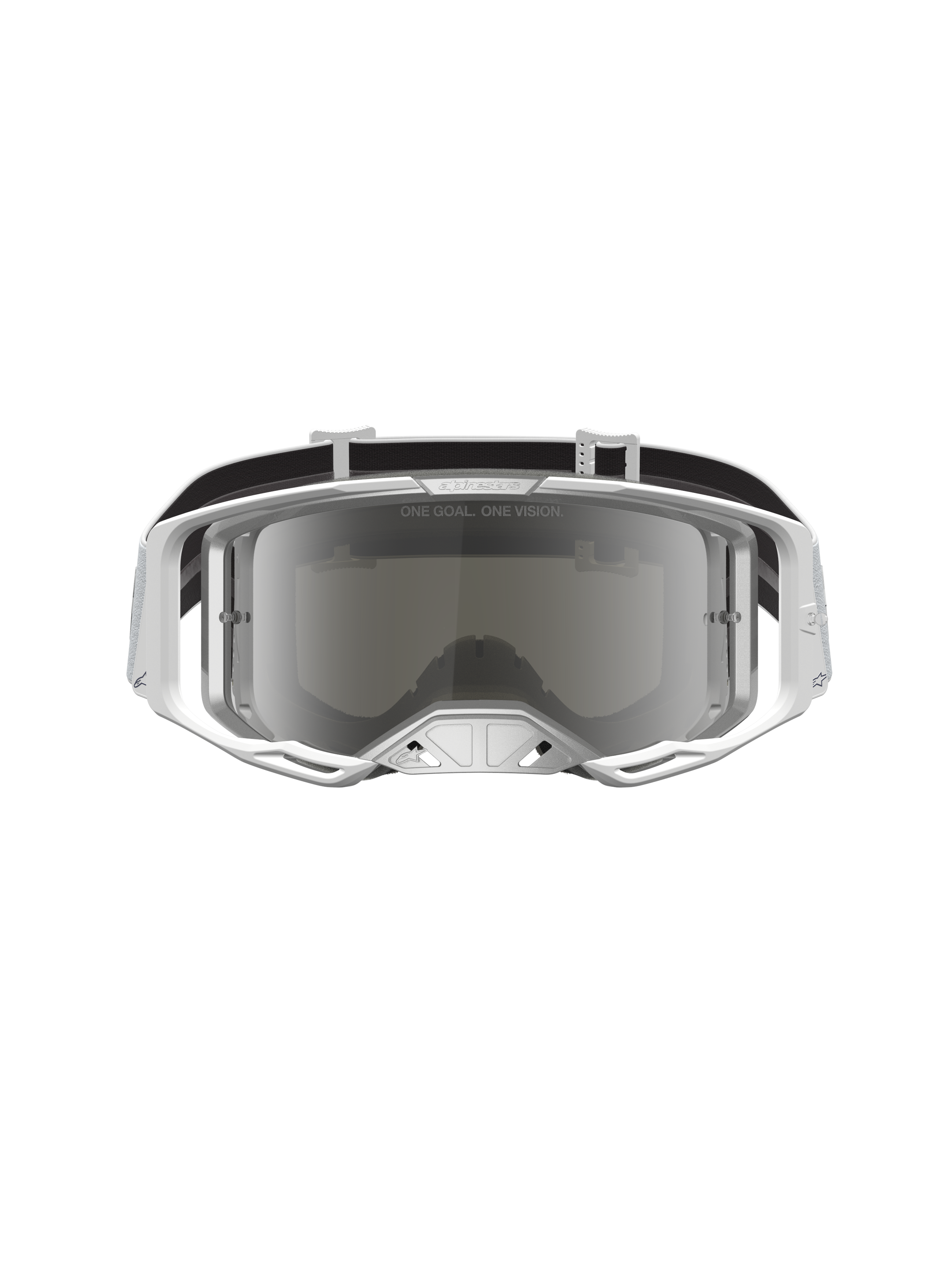 Alpinestars Vision 8 Amber Goggles, White and Silver motocross goggles with mirrored anti-fog lens and A-FLEX frame.