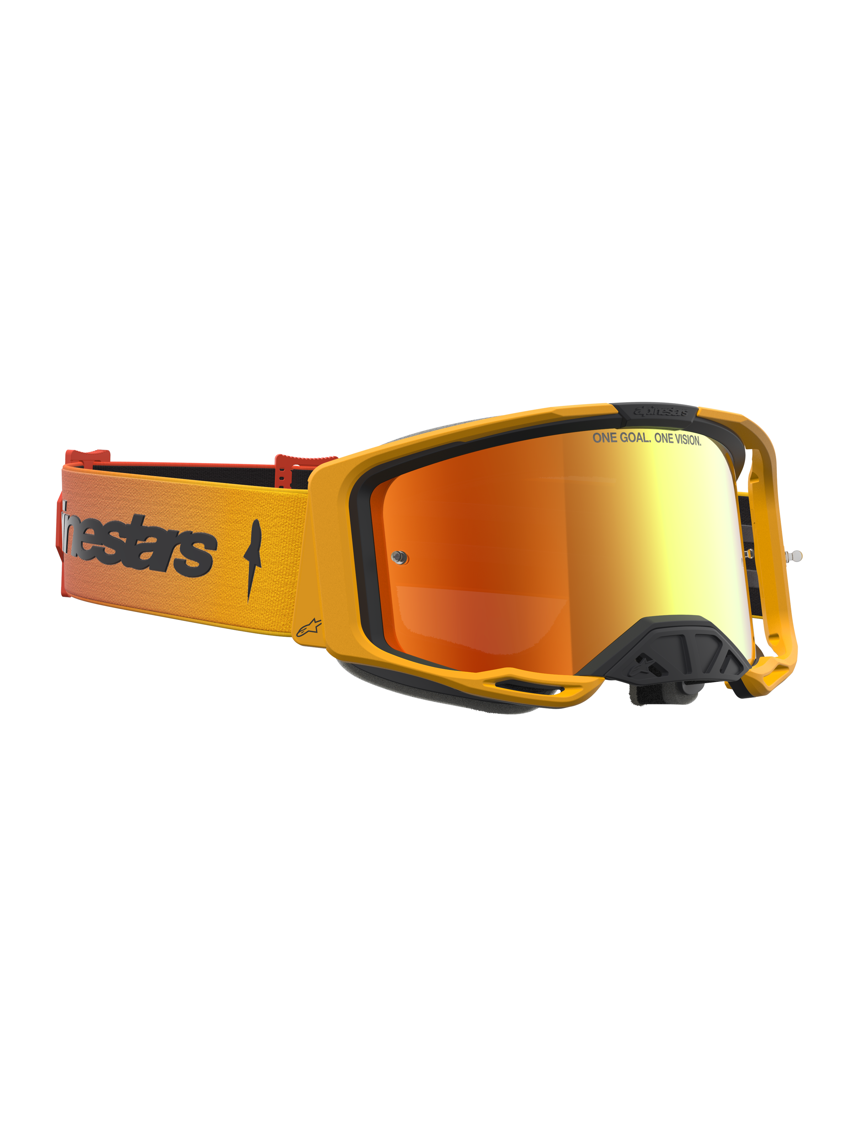 Masque Alpinestars Vision 8 Ambre Miroir, masque de motocross, ambre et rouge, lentille miroir antibuée et monture flexible.