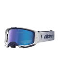 Masque Alpinestars Vision 8 Amber, masque de motocross bleu marine et blanc, lentille miroir bleue, monture A-FLEX.
