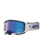 Masque Alpinestars Vision 8 Amber, masque de motocross bleu marine et blanc, lentille miroir bleue, monture A-FLEX.