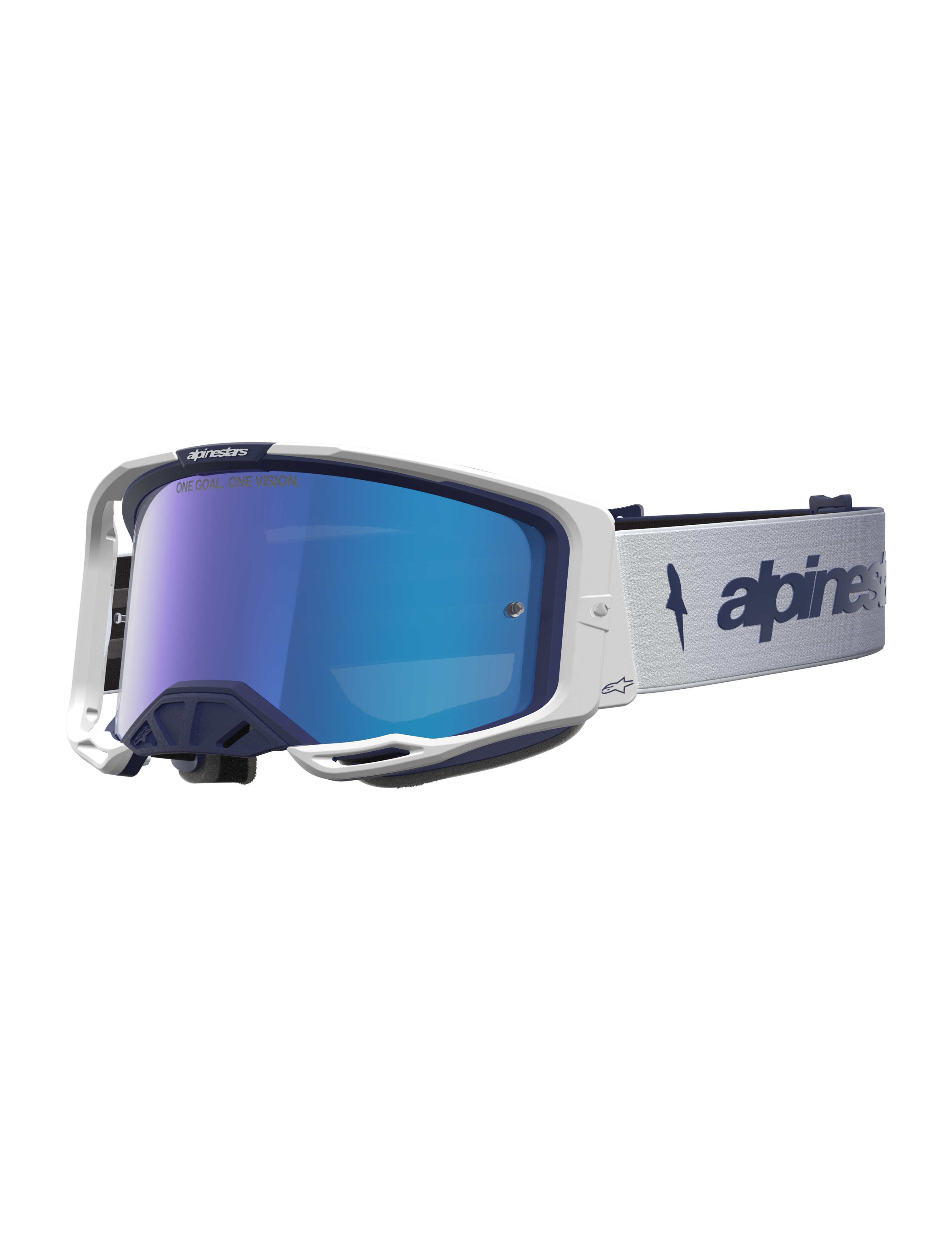 Masque Alpinestars Vision 8 Amber, masque de motocross bleu marine et blanc, lentille miroir bleue, monture A-FLEX.