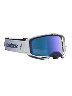 Masque Alpinestars Vision 8 Amber Miroir, bleu marine et blanc, lentille miroir bleue et ventilation RAM-AIR pour motocross.