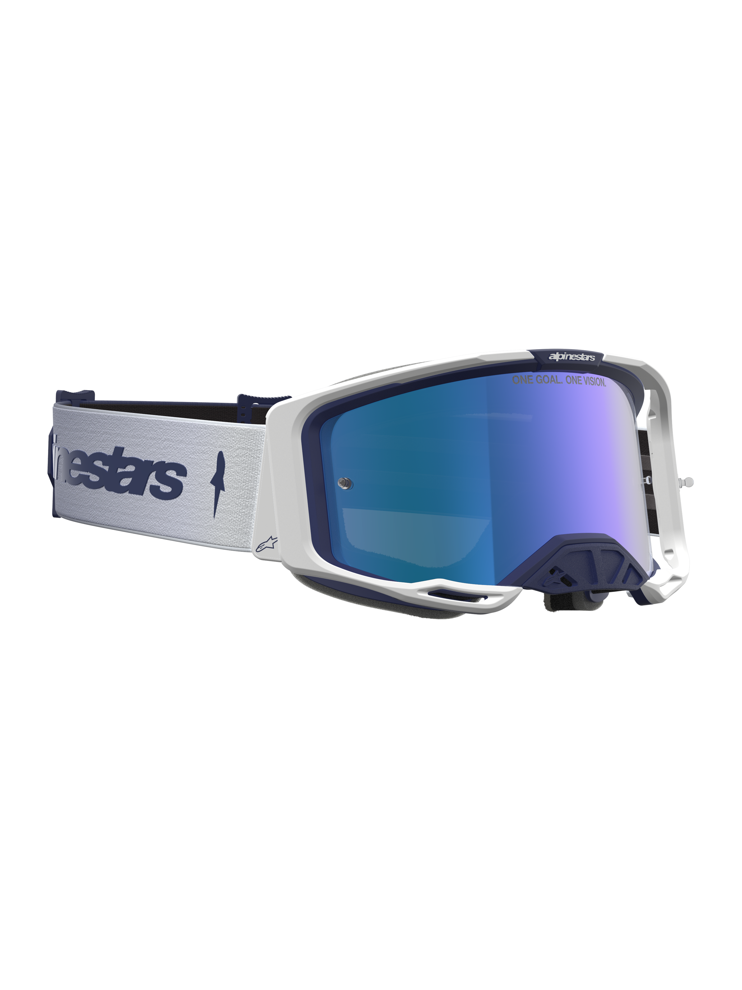 Masque Alpinestars Vision 8 Amber Miroir, bleu marine et blanc, lentille miroir bleue et ventilation RAM-AIR pour motocross.