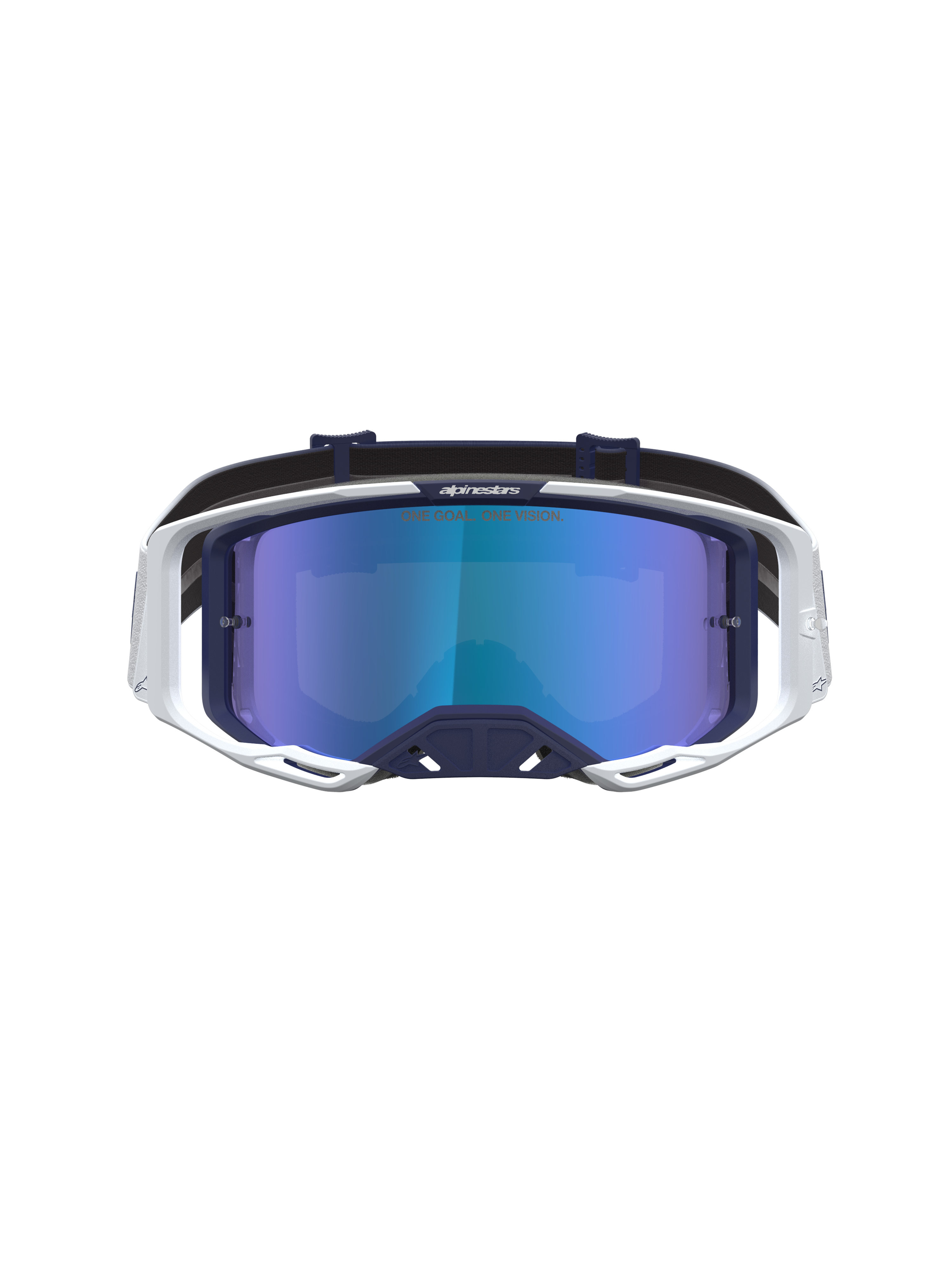 Alpinestars Vision 8 Amber, masque de motocross tout-terrain, monture bleu marine et blanche, lentille miroir bleue anti-buée et système de ventilation RAM-AIR
