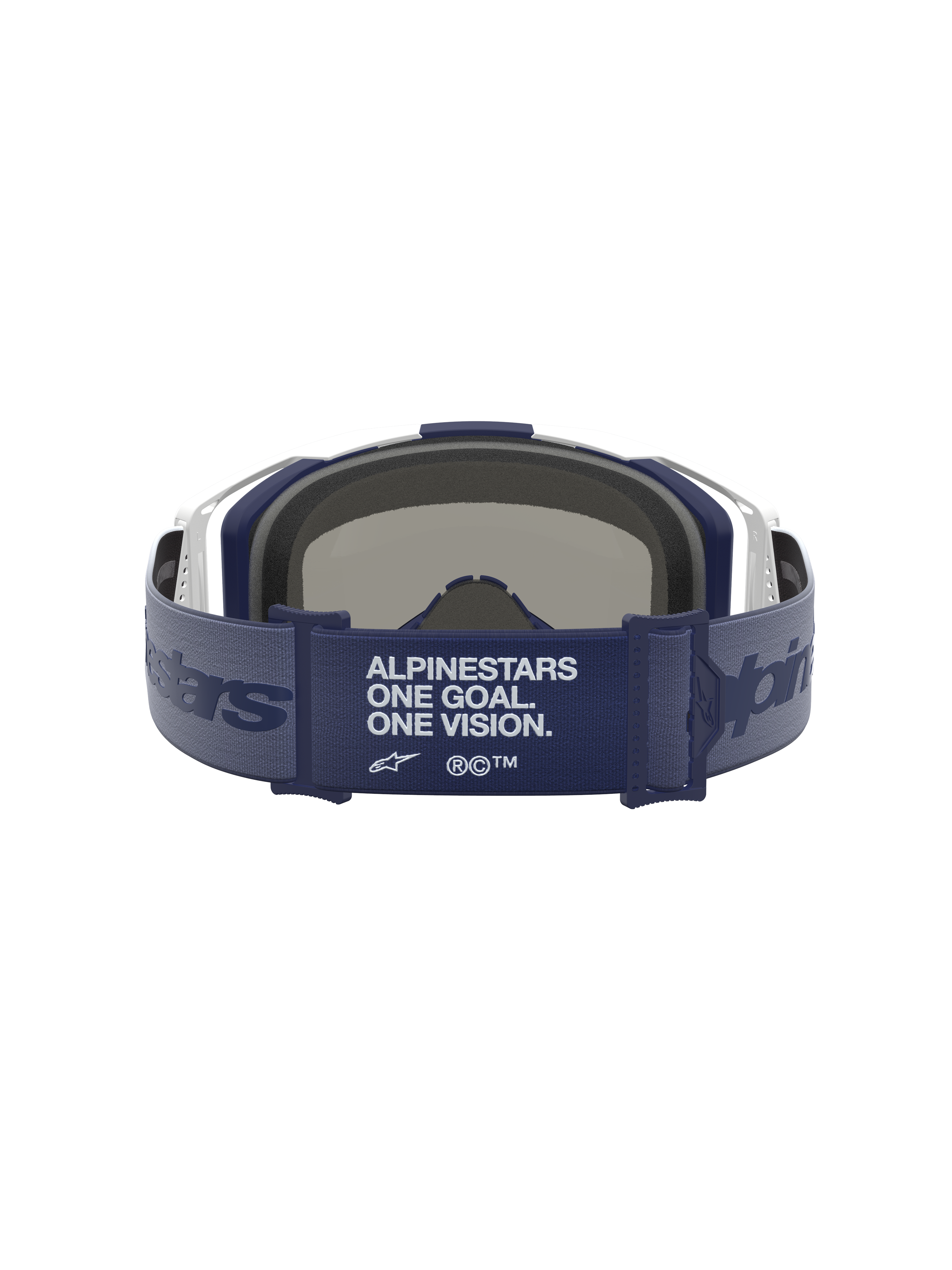 Masque Alpinestars Vision 8 Amber Miroir, vue arrière avec sangle bleu marine à slogan, cadre blanc et mousse faciale 3D.