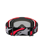 Masque Alpinestars Vision 8 Luar, lunettes de motocross, rouge, noir et argent miroir, large sangle tissée avec logo Alpinestars gris et rouge, vue arrière montrant la mousse faciale noire et la monture rouge, protection oculaire haute performance