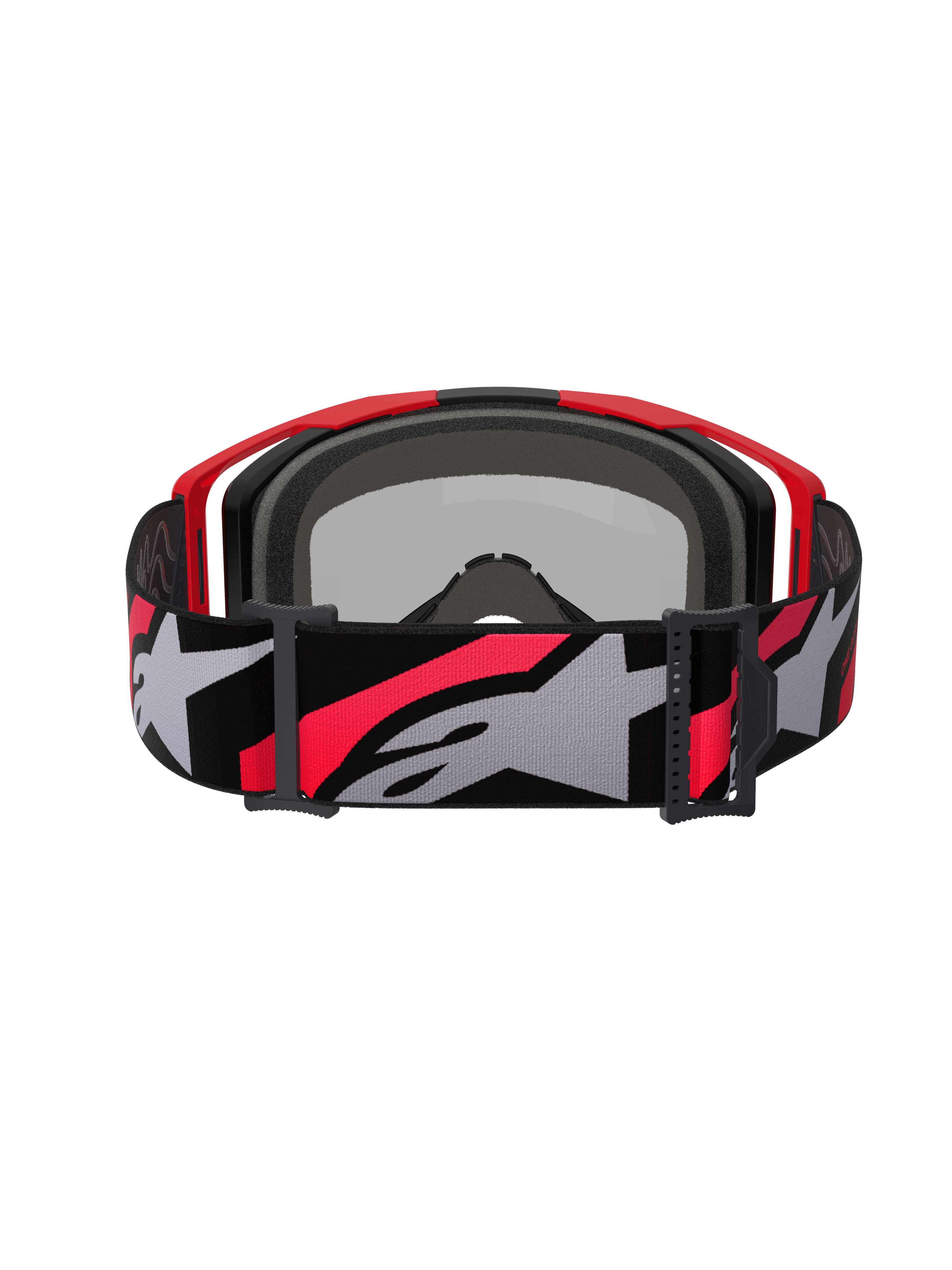 Masque Alpinestars Vision 8 Luar, lunettes de motocross, rouge, noir et argent miroir, large sangle tissée avec logo Alpinestars gris et rouge, vue arrière montrant la mousse faciale noire et la monture rouge, protection oculaire haute performance