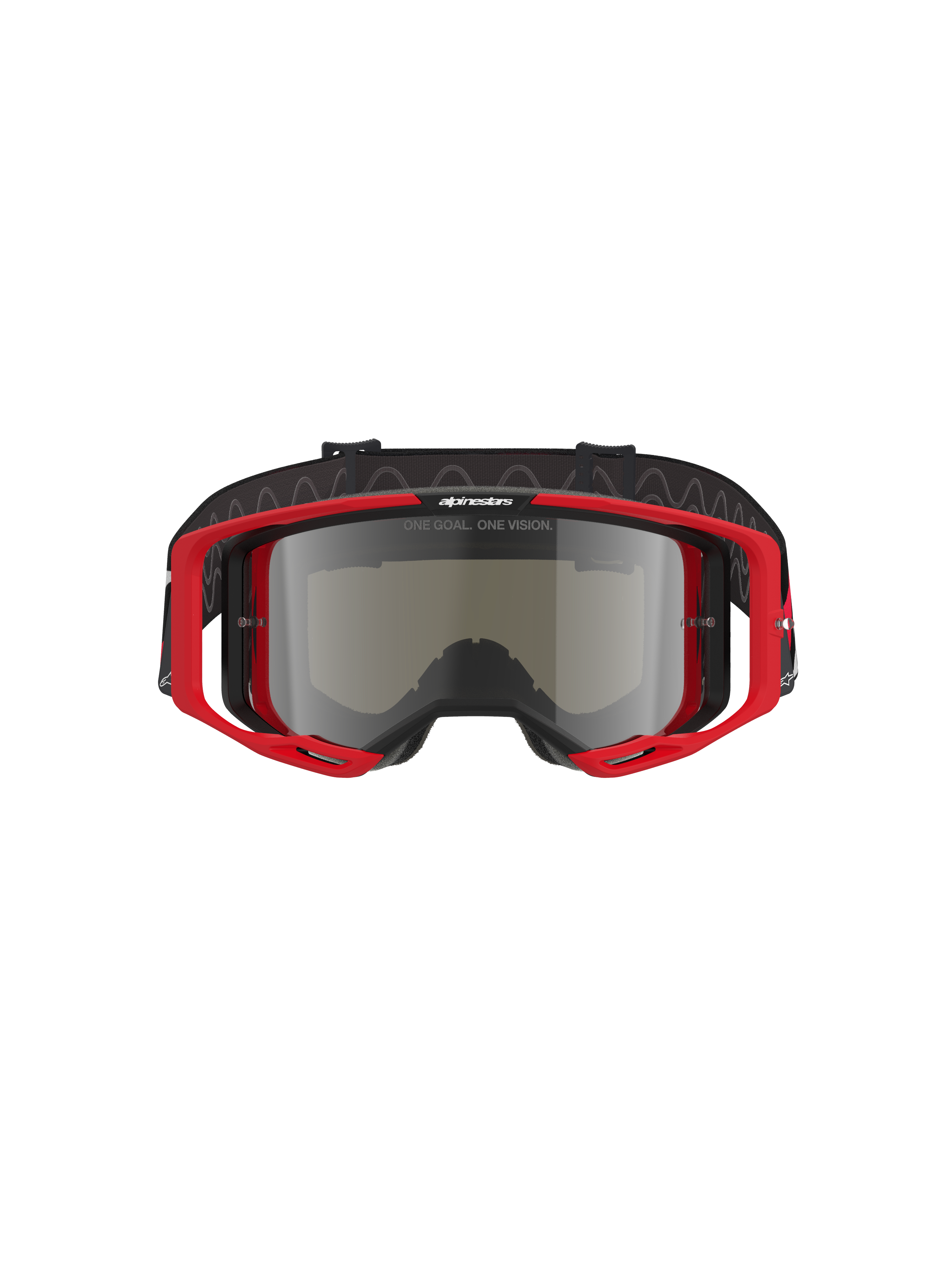 Masque Alpinestars Vision 8 Luar, masque de motocross, monture rouge et noire avec écran miroir argenté, design haute performance avec large champ de vision, marquage distinctif sur le bandeau et la monture, adapté pour la course tout-terrain et le motocross
