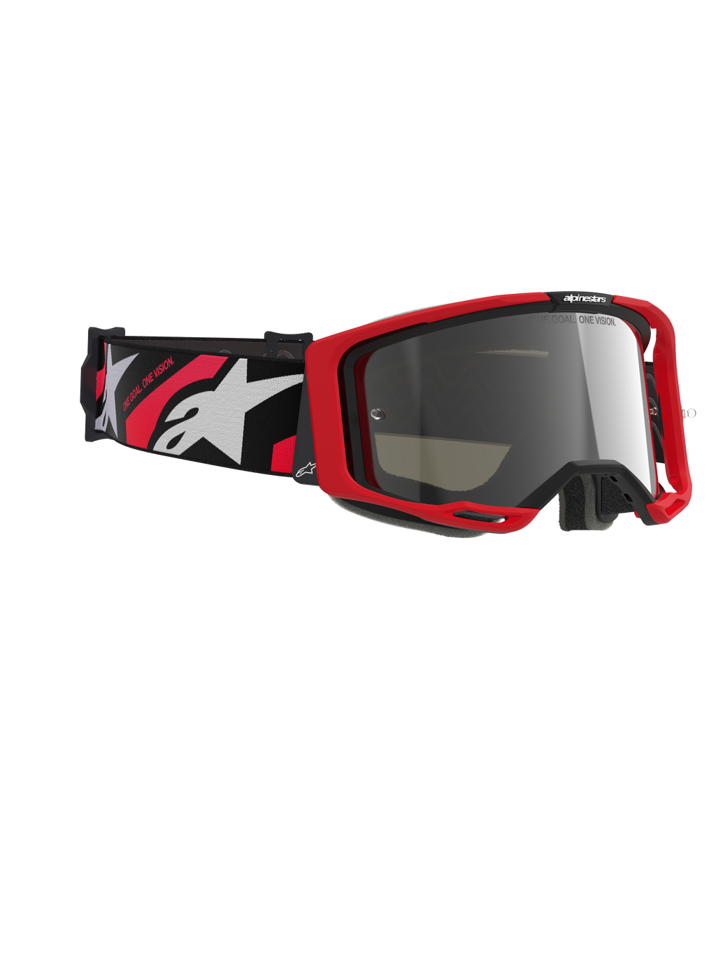 Masque Alpinestars Vision 8 Luar, masque de motocross, monture rouge et noire avec écran miroir argenté, doté d'un large bandeau tissé avec marquage Alpinestars rouge et blanc et texte "ONE GOAL. ONE VISION.", lunettes de protection haute performance pour la course tout-terrain