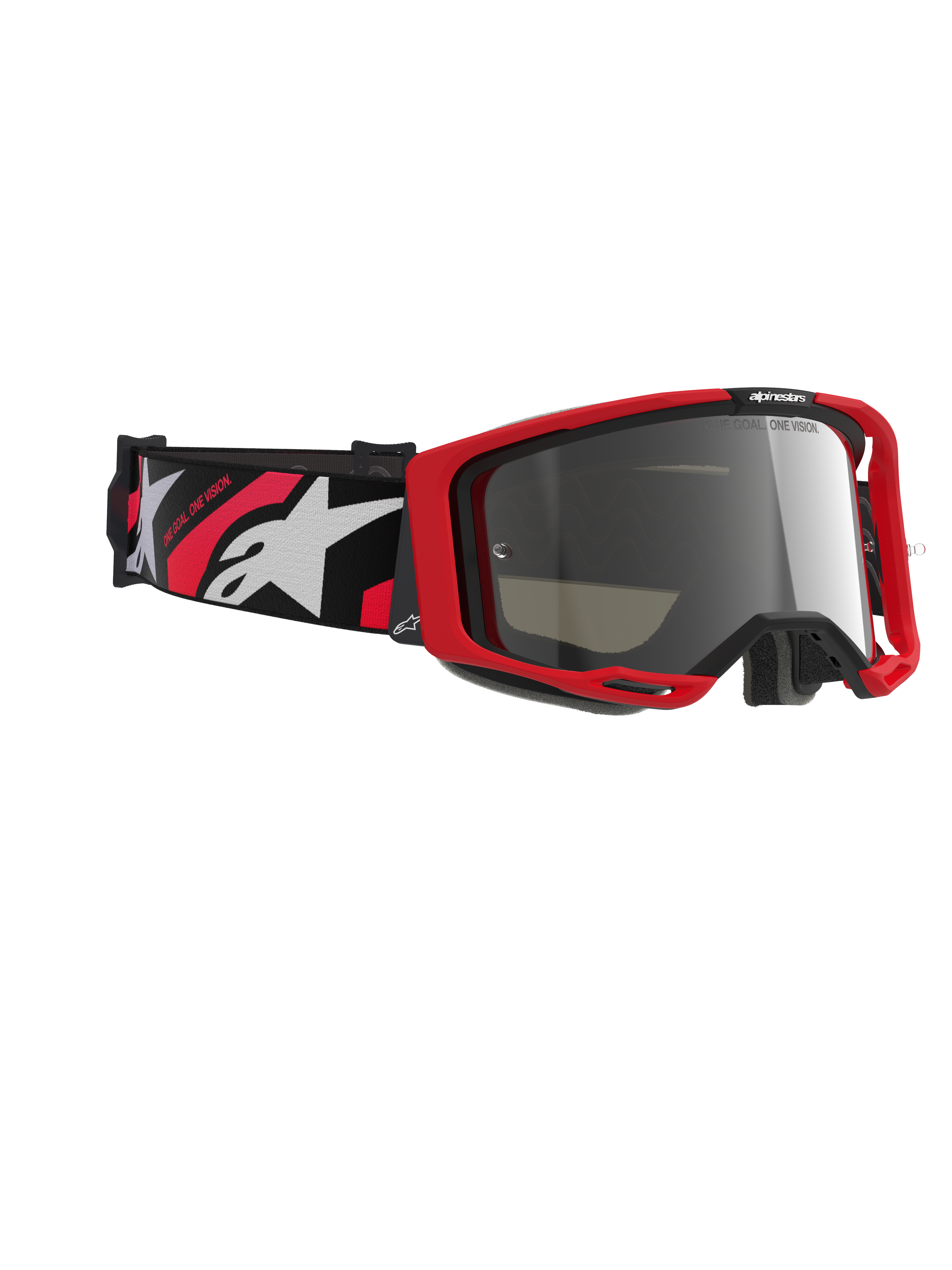 Masque Alpinestars Vision 8 Luar, masque de motocross, monture rouge et noire avec écran miroir argenté, doté d'un large bandeau tissé avec marquage Alpinestars rouge et blanc et texte "ONE GOAL. ONE VISION.", lunettes de protection haute performance pour la course tout-terrain