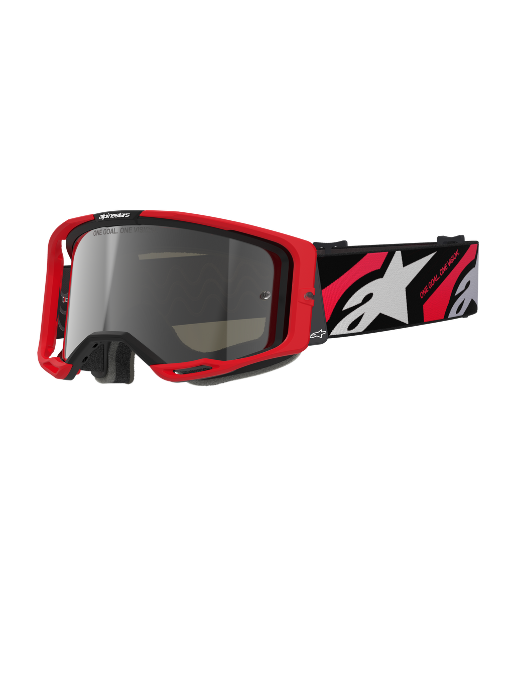 Masque Alpinestars Vision 8 Luar, lunettes de motocross tout-terrain, monture rouge et noire, écran miroir argenté, large sangle réglable avec logo étoile blanc et texte 'One Goal. One Vision.', design haute performance pour le motocross