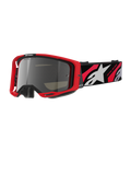 Masque Alpinestars Vision 8 Luar, lunettes de motocross tout-terrain, monture rouge et noire, écran miroir argenté, large sangle réglable avec logo étoile blanc et texte 'One Goal. One Vision.', design haute performance pour le motocross