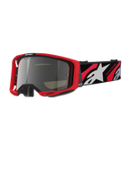 Masque Alpinestars Vision 8 Luar, lunettes de motocross tout-terrain, monture rouge et noire, écran miroir argenté, large sangle réglable avec logo étoile blanc et texte 'One Goal. One Vision.', design haute performance pour le motocross