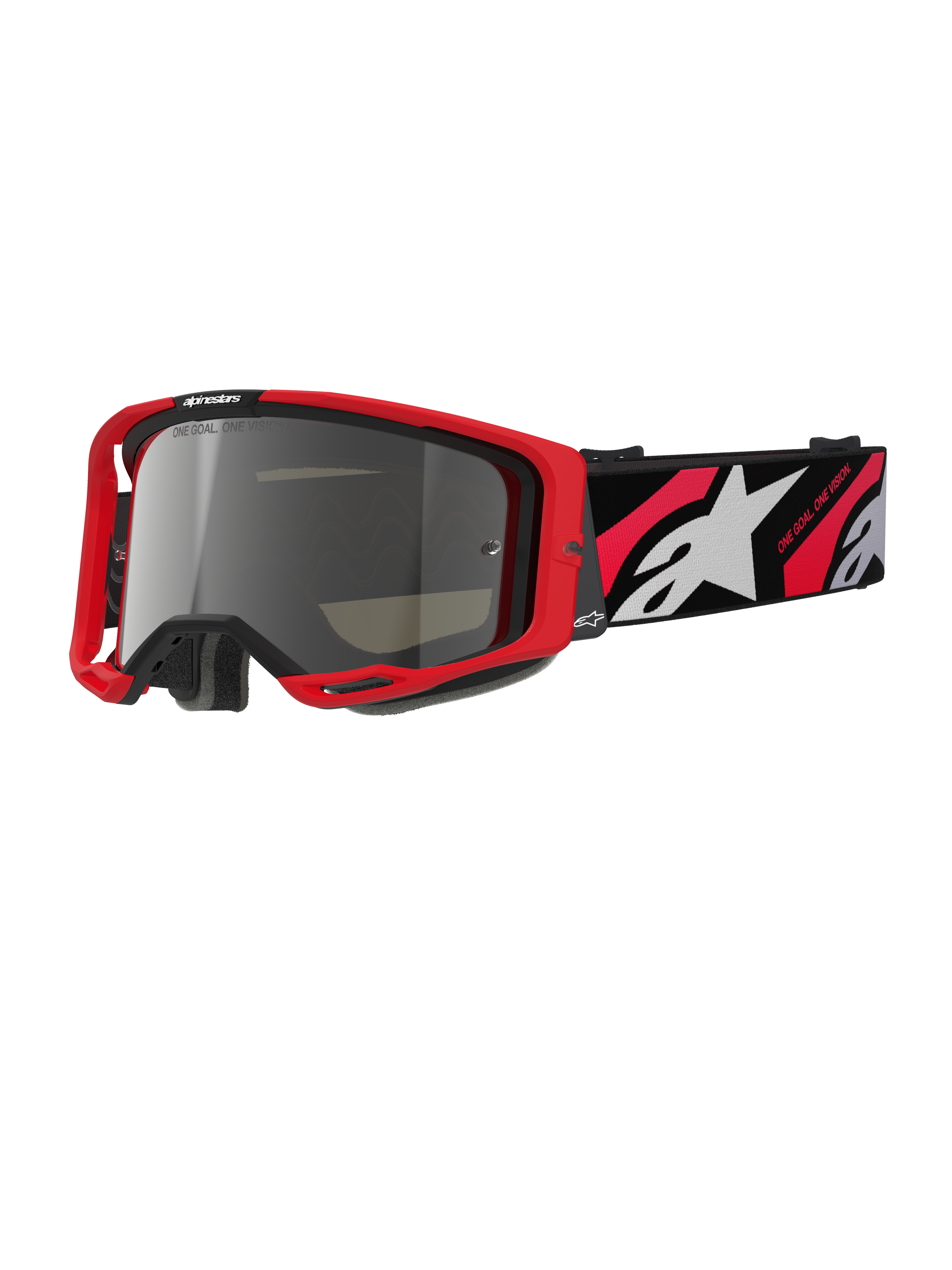 Masque Alpinestars Vision 8 Luar, lunettes de motocross tout-terrain, monture rouge et noire, écran miroir argenté, large sangle réglable avec logo étoile blanc et texte 'One Goal. One Vision.', design haute performance pour le motocross