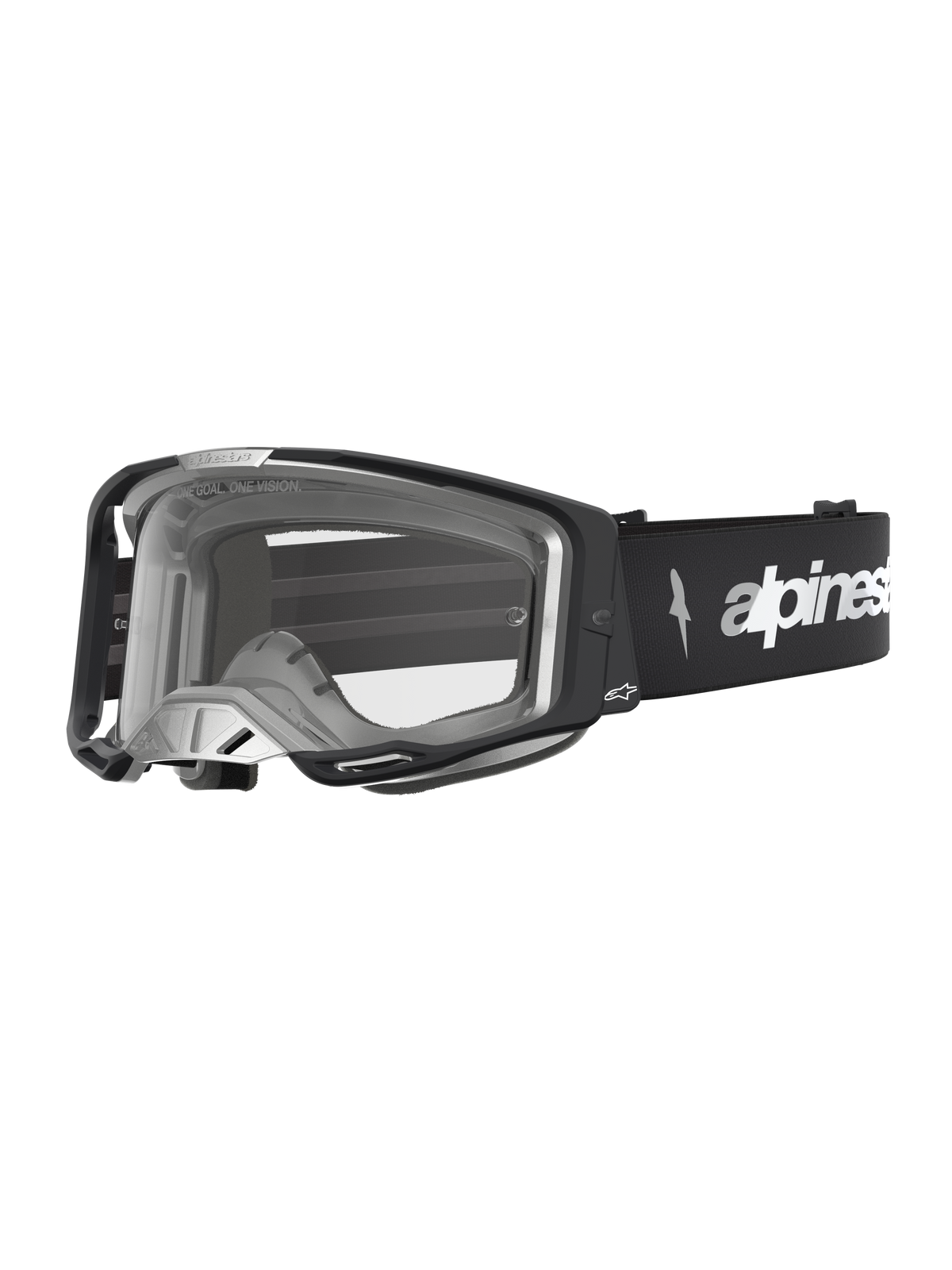 Alpinestars Vision 8 Amber, masque de motocross noir et argenté, lentille claire avec système de ventilation RAM-AIR.