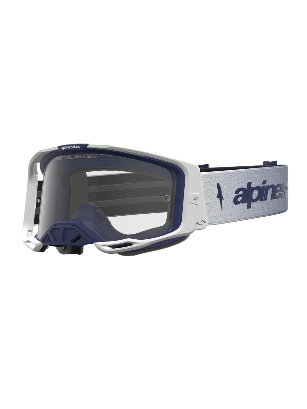 Alpinestars Vision 8 Amber, masque de motocross blanc et bleu marine, lentille claire, cadre A-FLEX avec système de ventilation RAM-AIR pour le tout-terrain