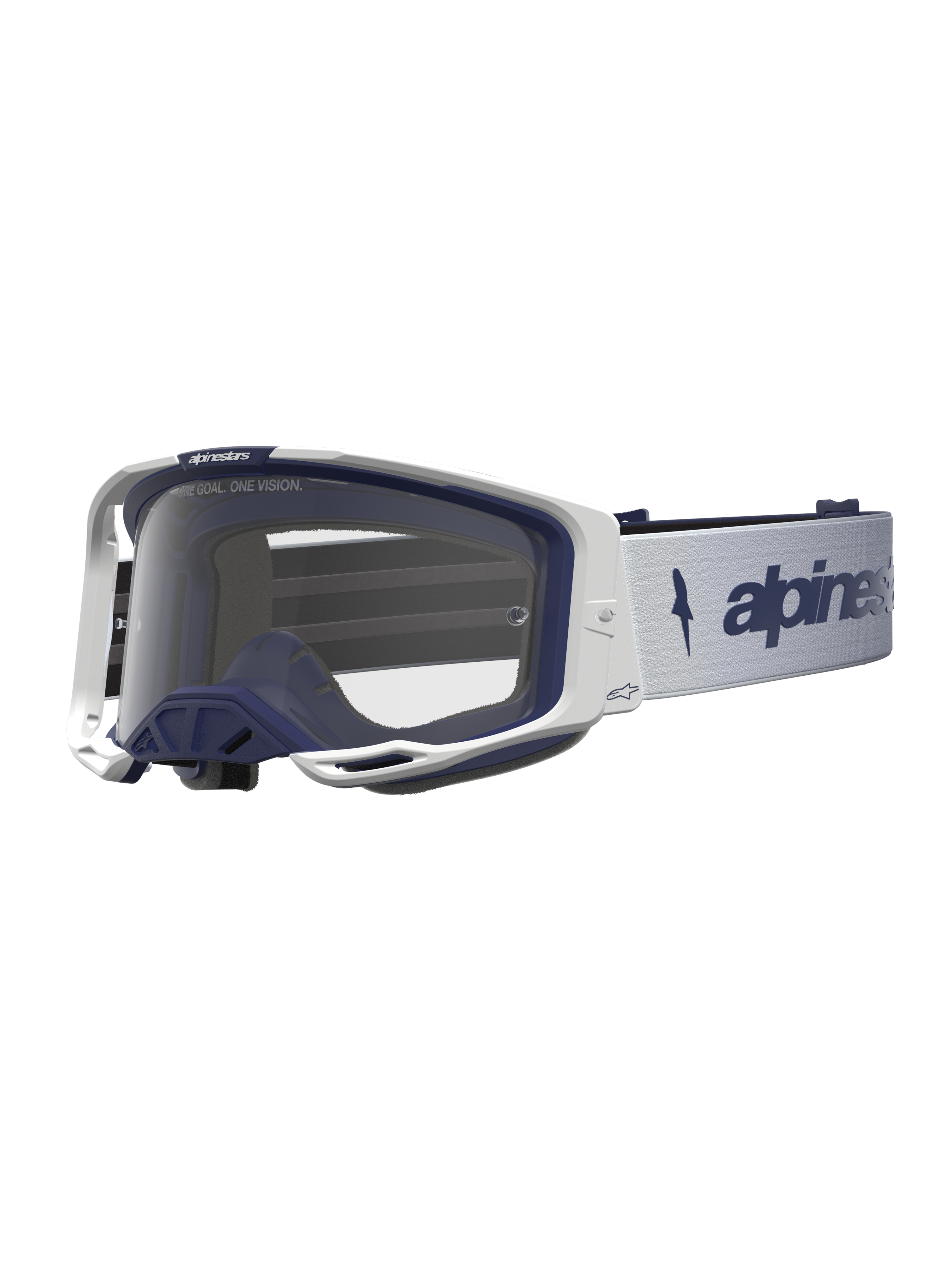 Alpinestars Vision 8 Amber, masque de motocross blanc et bleu marine, lentille claire, cadre A-FLEX avec système de ventilation RAM-AIR pour le tout-terrain