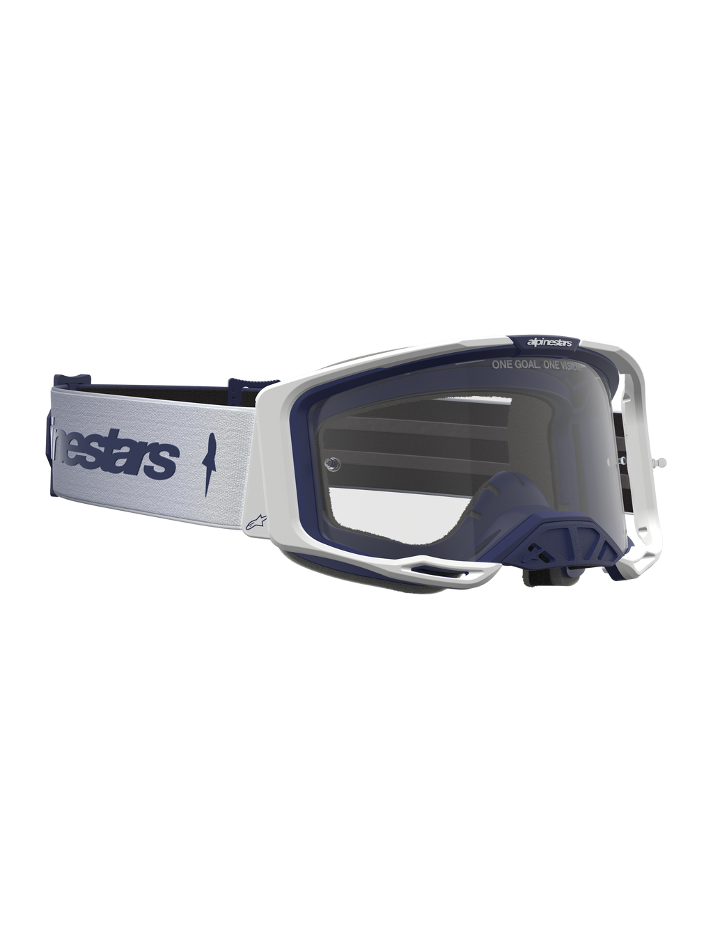 Masque Alpinestars Vision 8 Amber, masque de motocross pour course, blanc et bleu marine, doté d'une lentille claire et d'un cadre A-FLEX flexible, idéal pour le tout-terrain