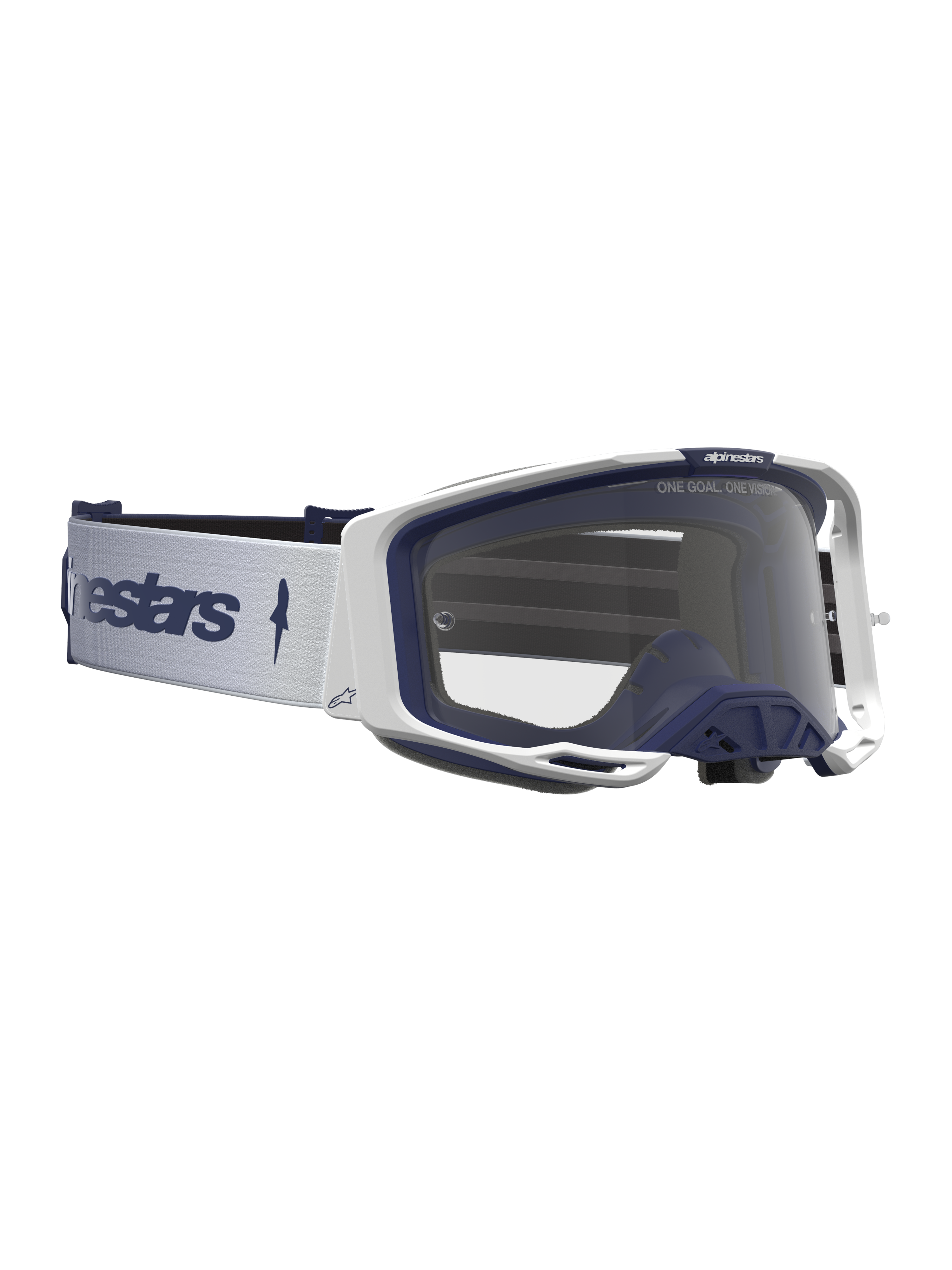 Masque Alpinestars Vision 8 Amber, masque de motocross pour course, blanc et bleu marine, doté d'une lentille claire et d'un cadre A-FLEX flexible, idéal pour le tout-terrain